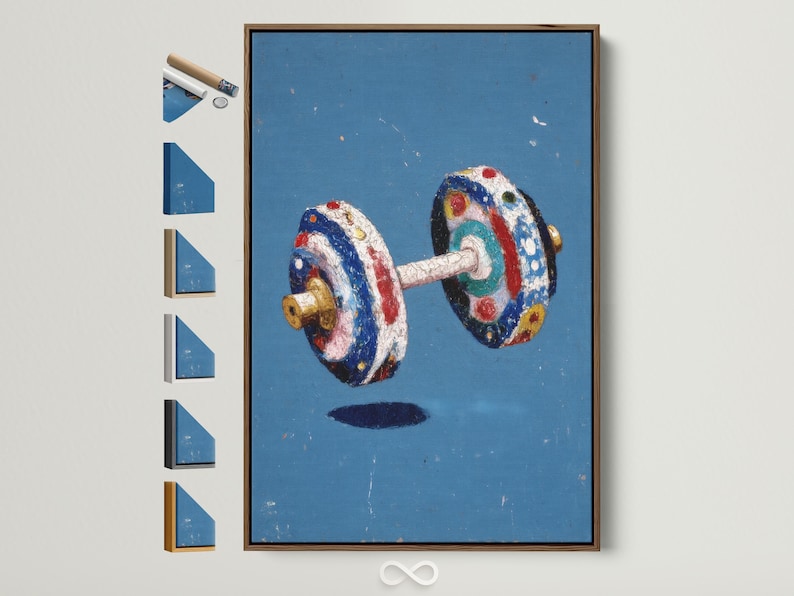 Stylised dumbbell weights illustration on a distressed blue background with red, white and gold accents