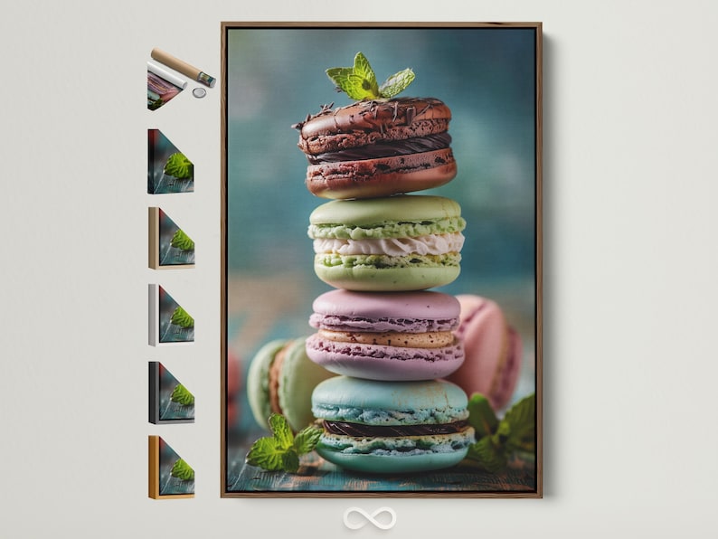 Close-up of stacked pastel macarons with mint leaves on a muted blue background