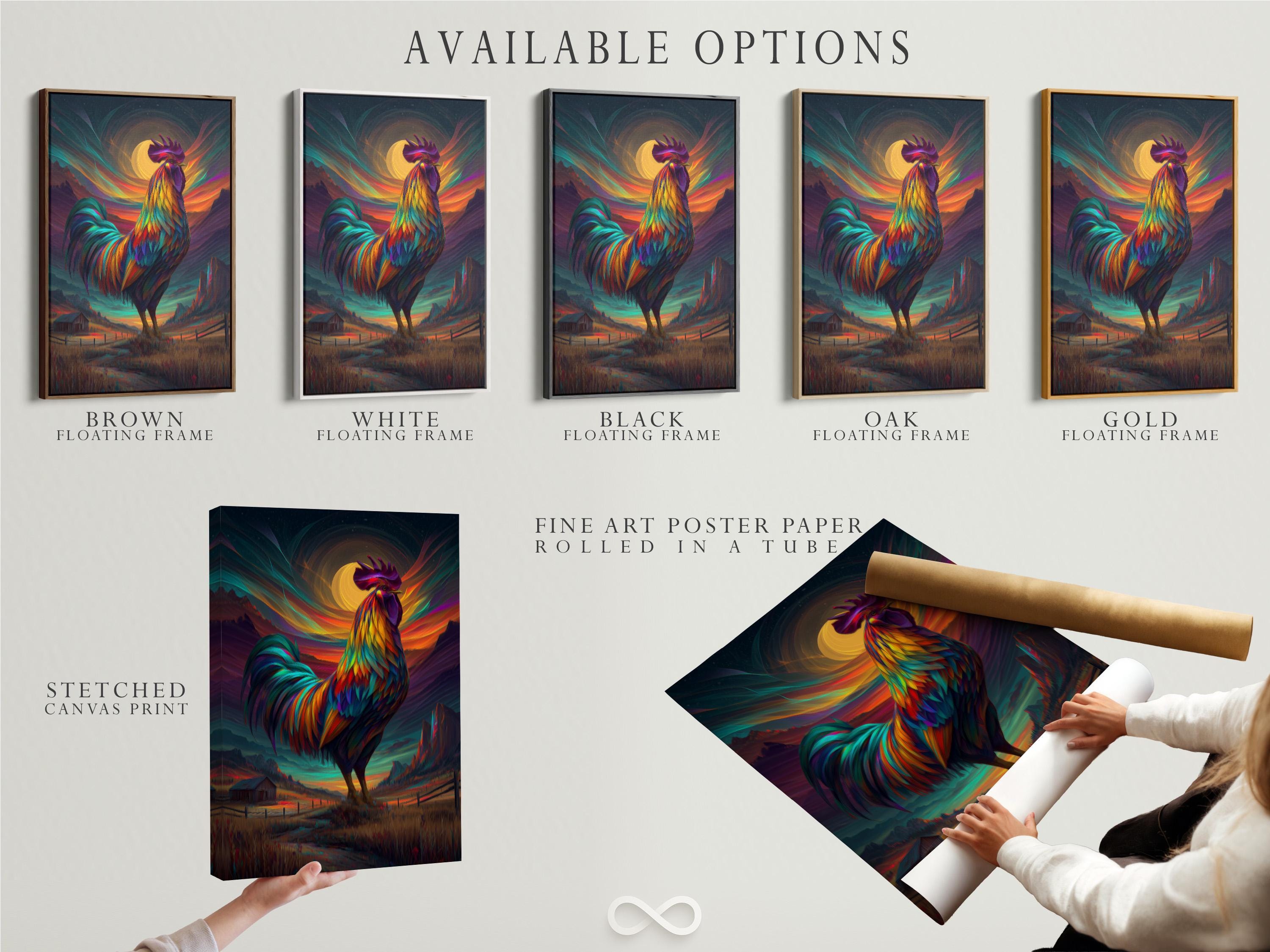 Stylised rainbow-feather rooster standing in front of a glowing sunset landscape detail view