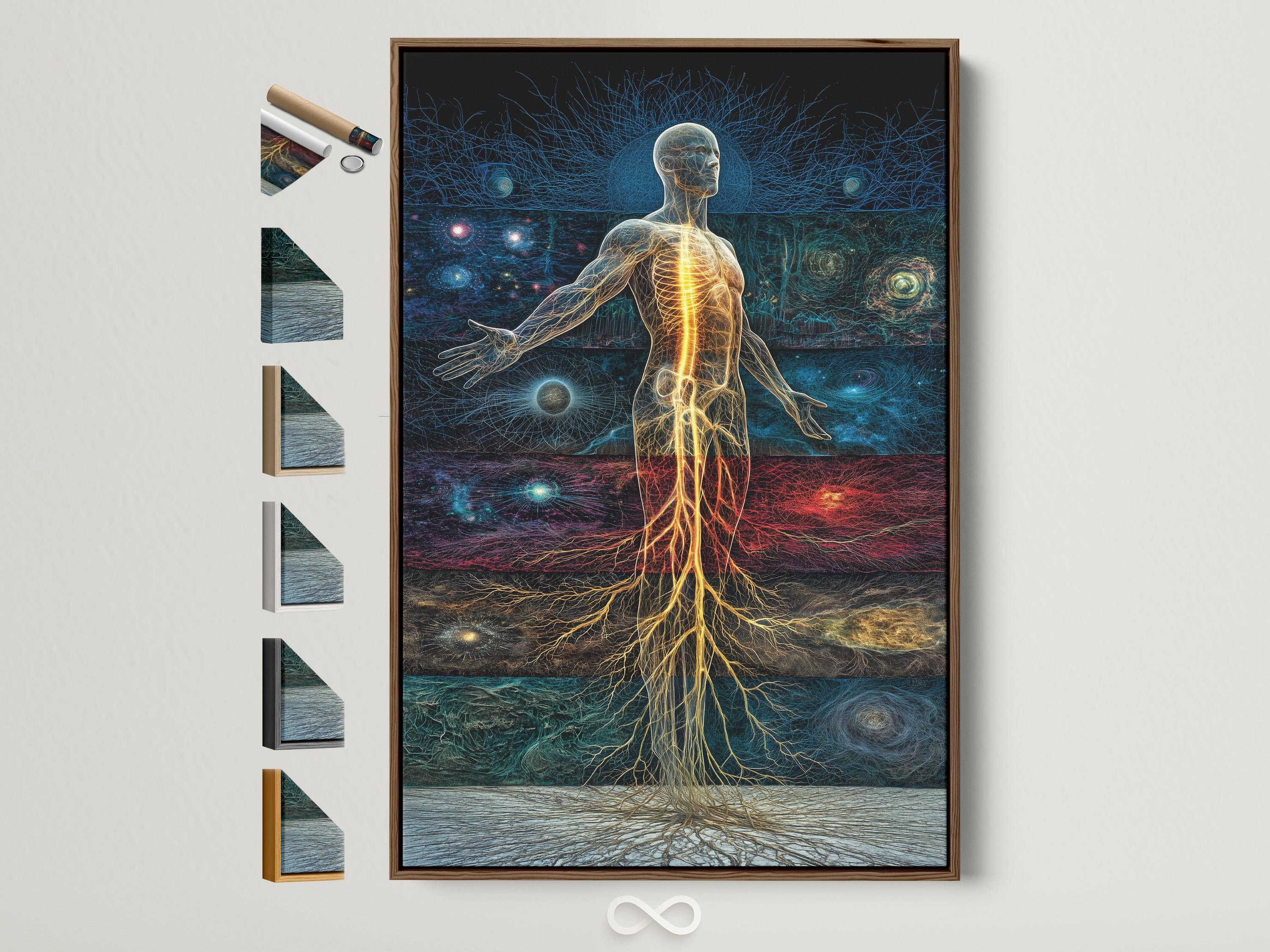 Woman standing beside a framed artwork showing a glowing energy human figure in blue, teal and red