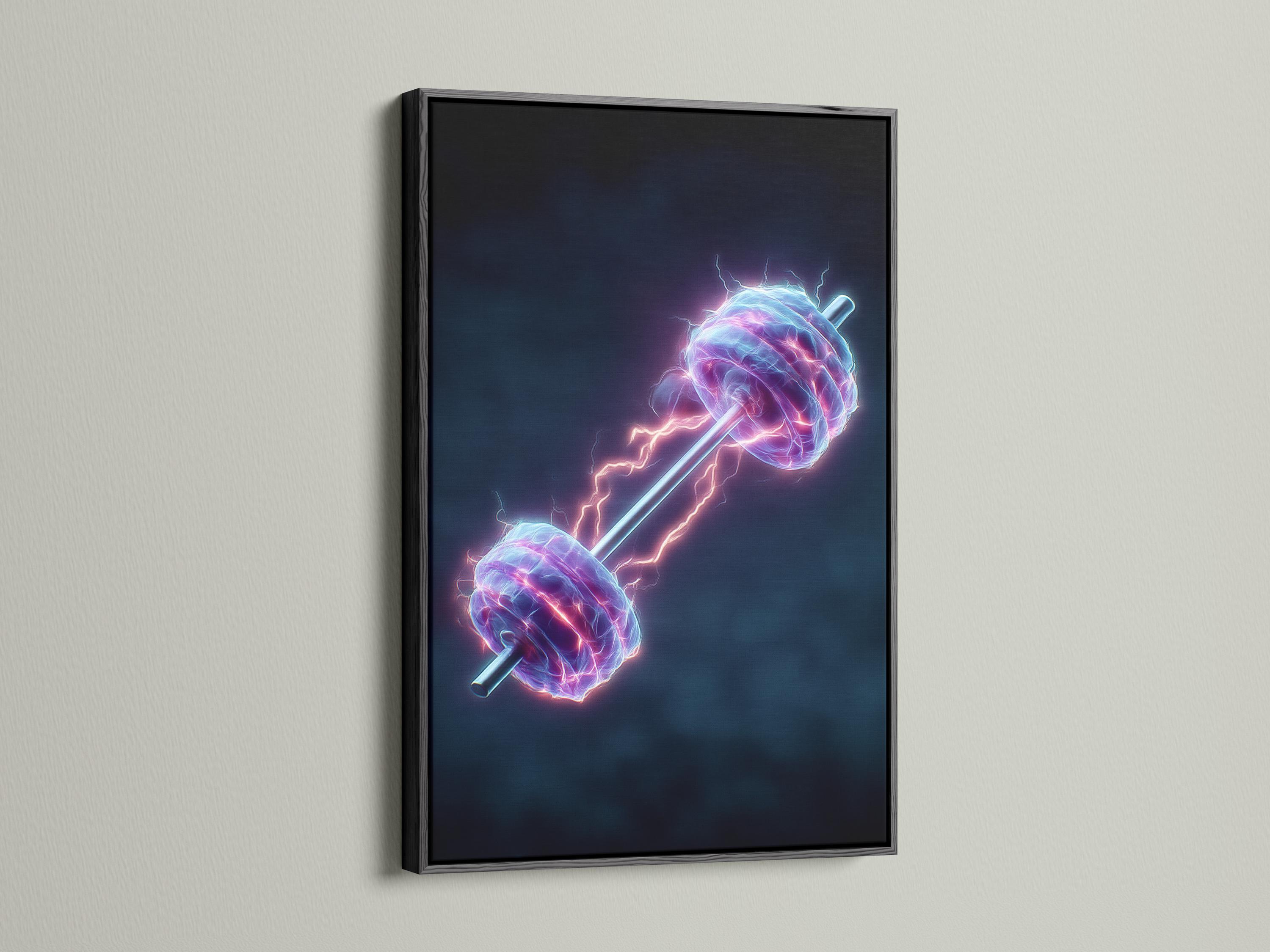 Neon dumbbell artwork with electric purple, blue and pink glow lines on a dark background detail view