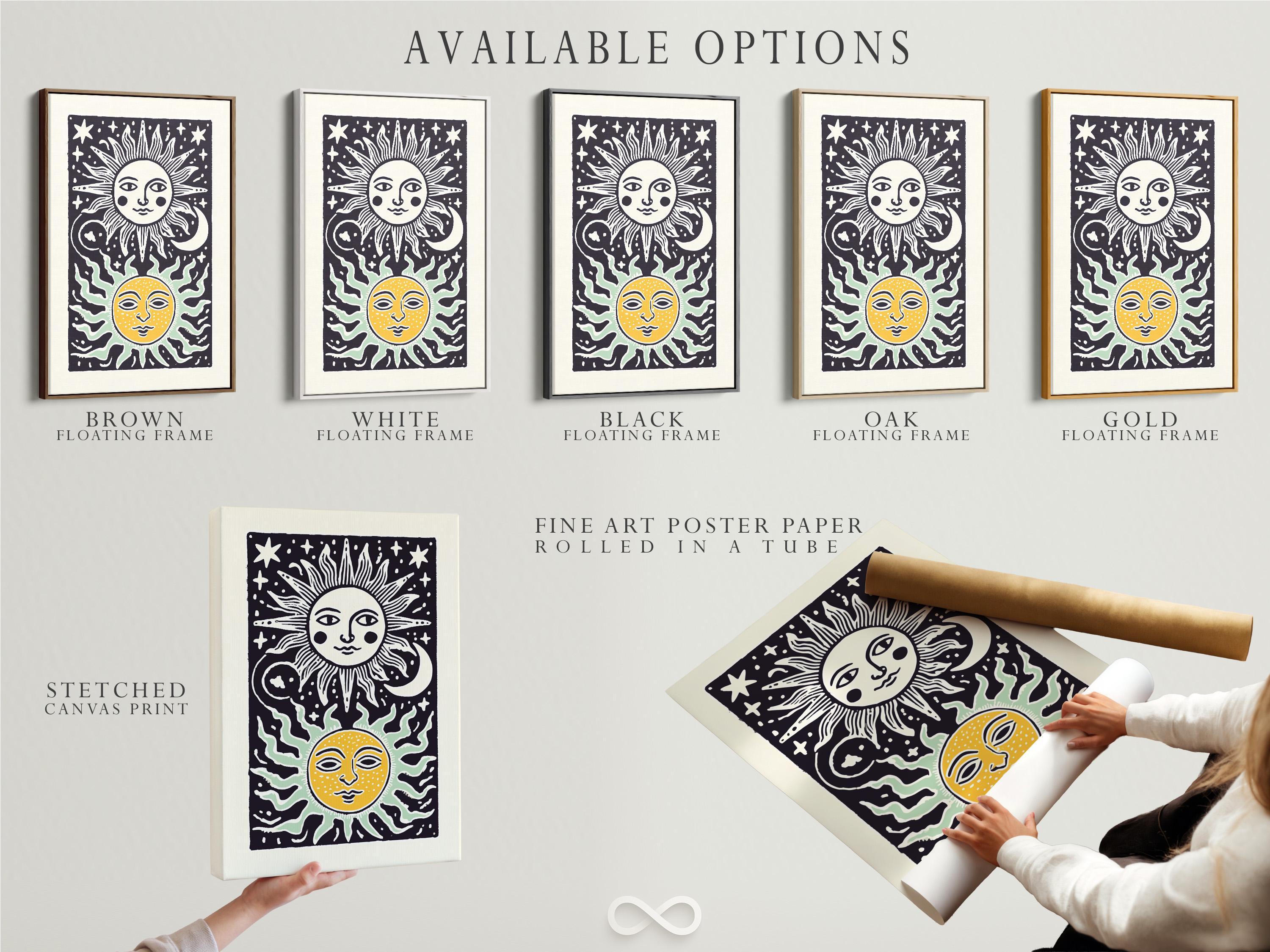 Room mockup showing framed sun and moon celestial artwork on a wall with decorative items nearby