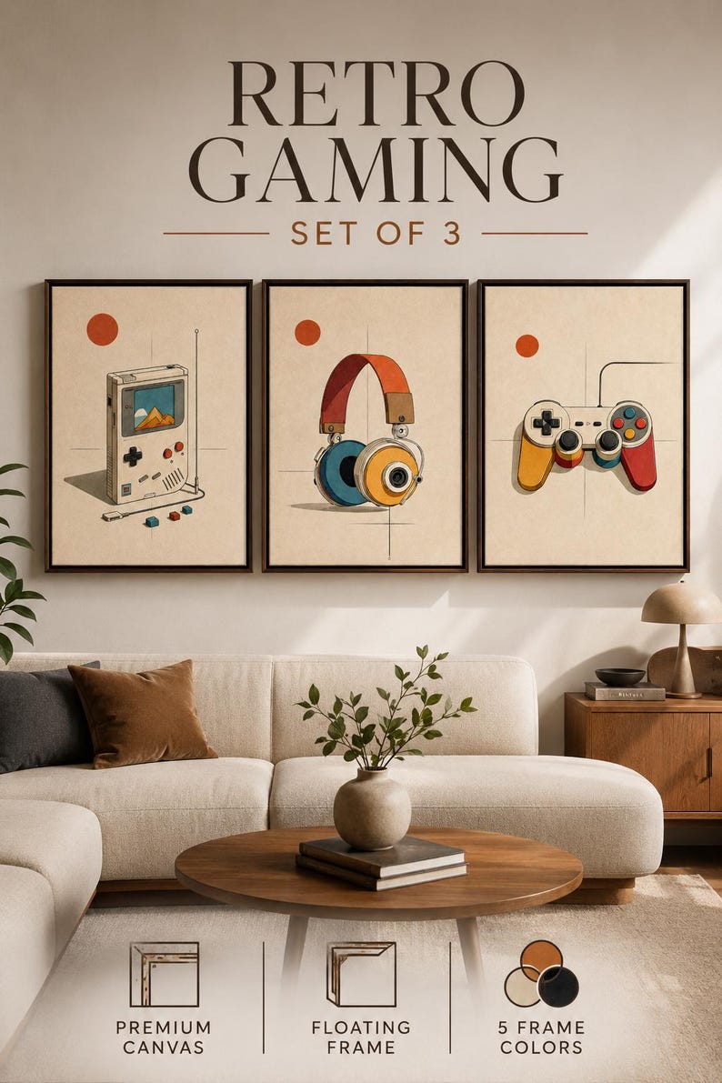 Retro gaming set of three panels showing a handheld console, headphones and a game controller