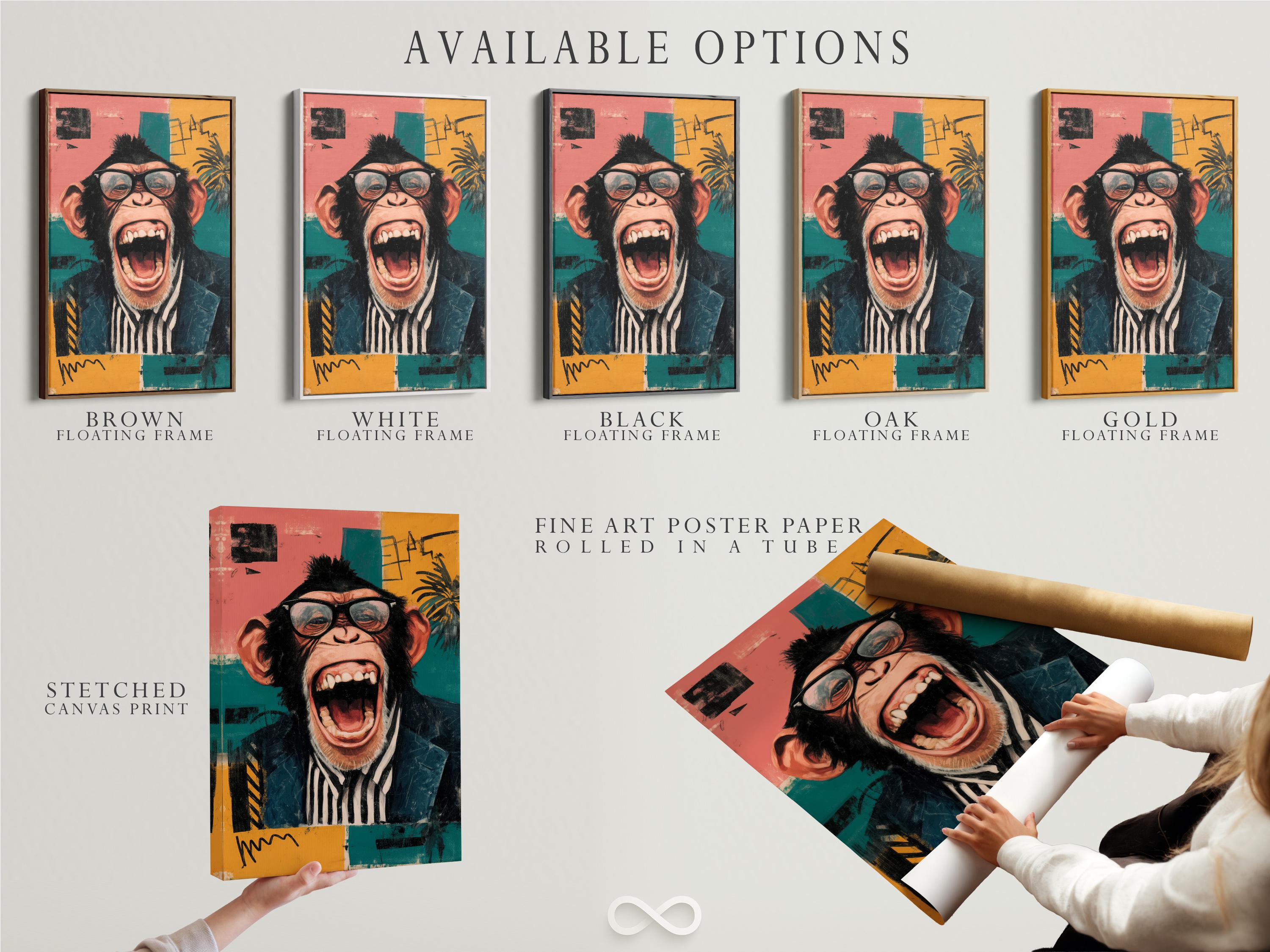 Retro chimp portrait with round glasses, shouting, set against teal and pink colour blocks detail view