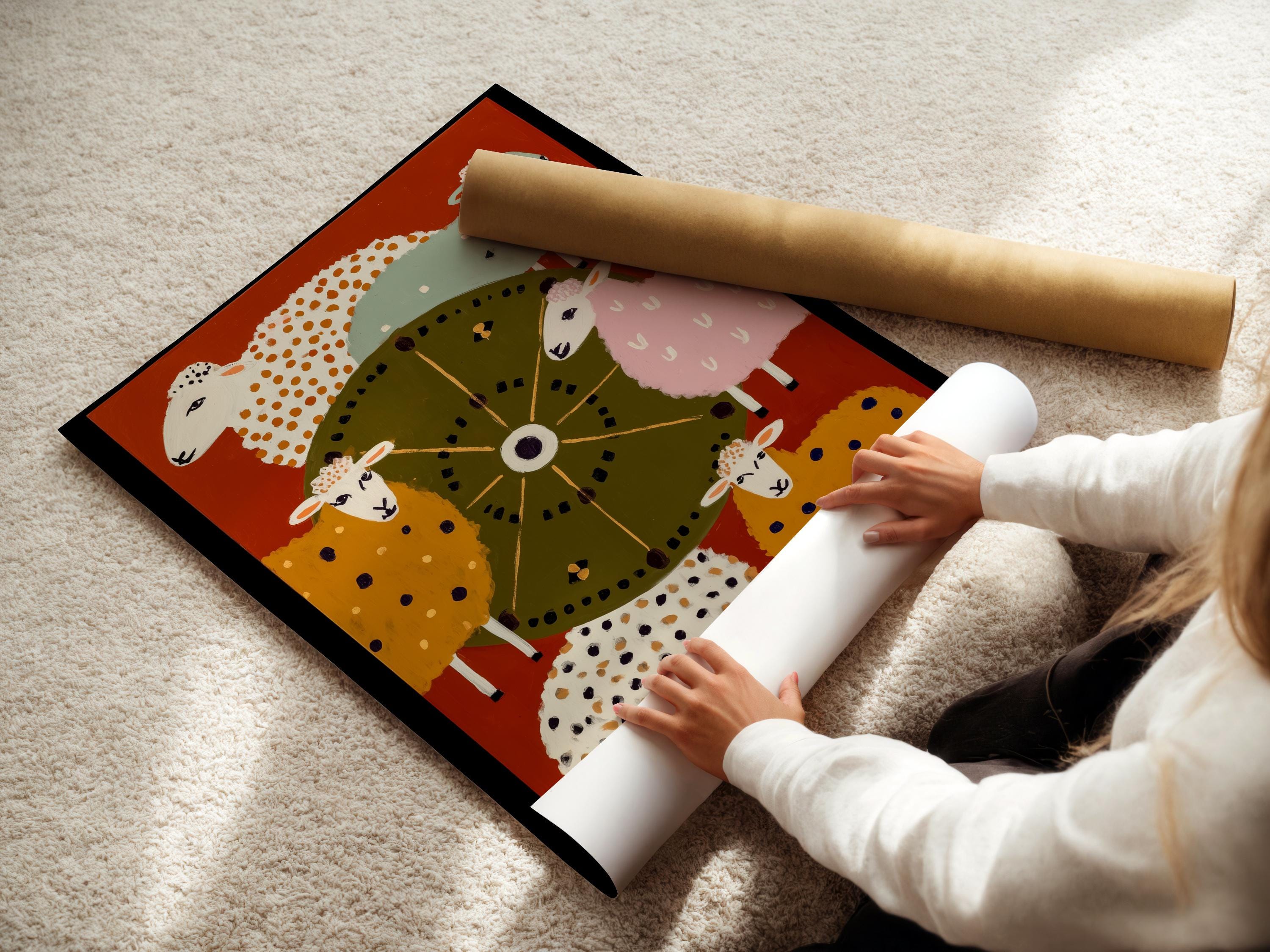 Colourful folk-style sheep illustration with a central wheel motif on a warm orange background detail view