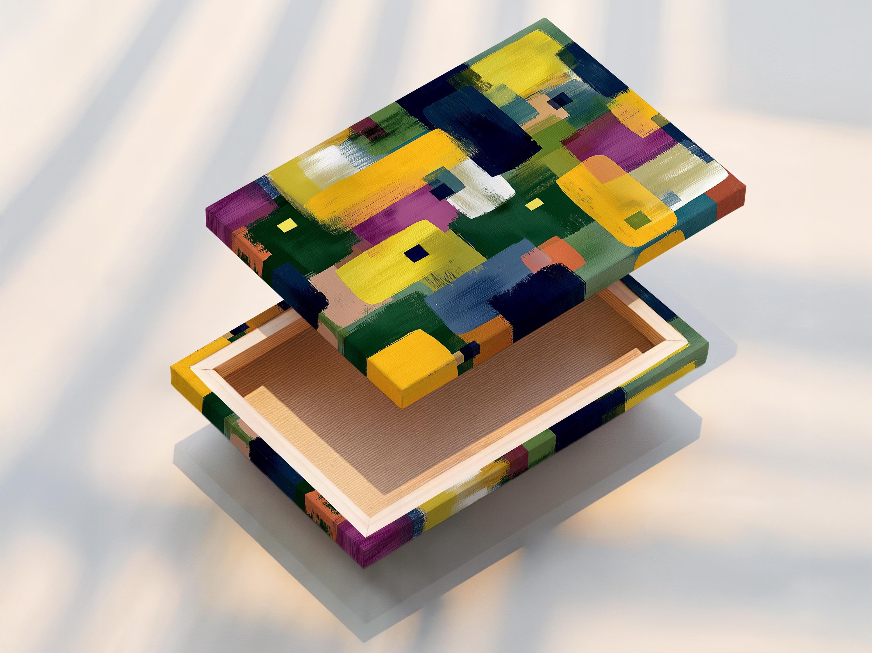 Geometric abstract artwork with overlapping blocks and squares in yellow, navy, green, and purple detail view