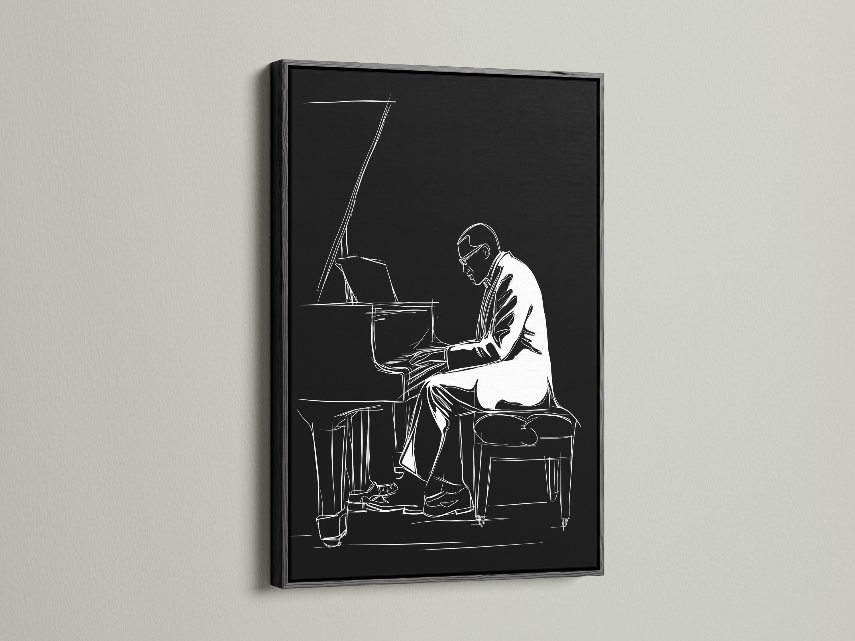 Minimalist black-and-white line drawing of a pianist playing a grand piano detail view