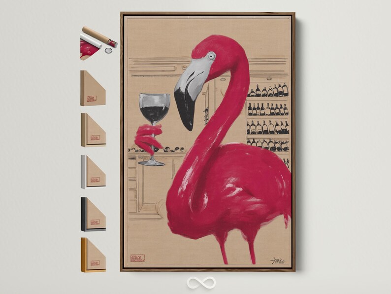 A pink flamingo in a beige bar scene with a wine glass and shelves of bottles