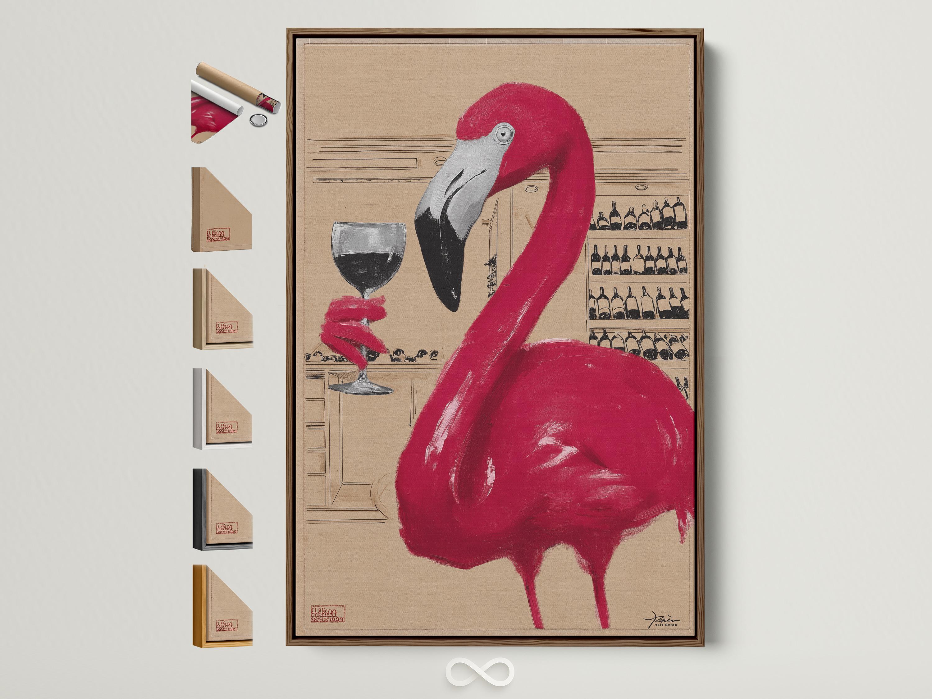 A pink flamingo in a beige bar scene with a wine glass and shelves of bottles