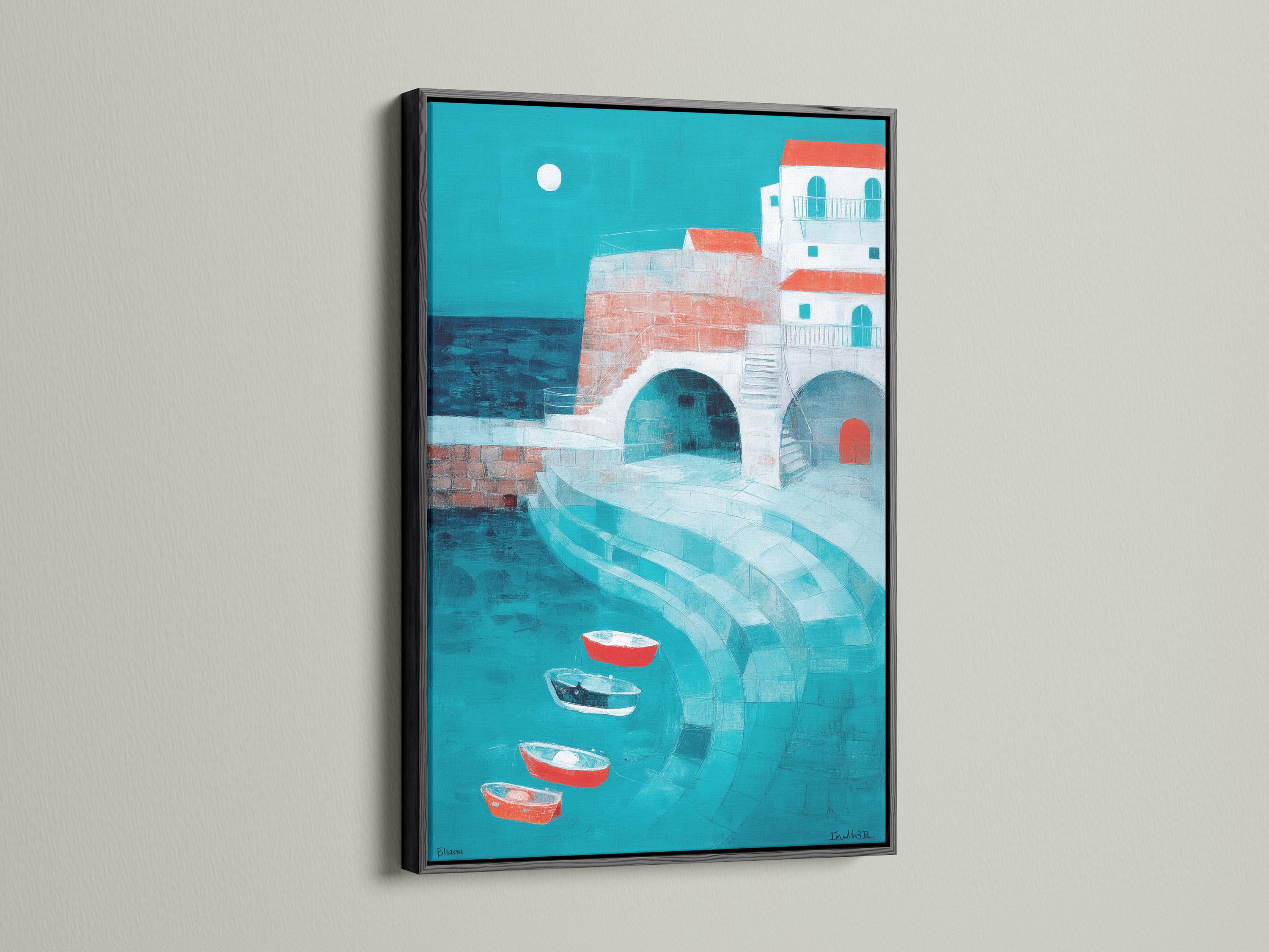 Turquoise harbour seascape with a rounded archway, white buildings, red boats and a pale moon detail view