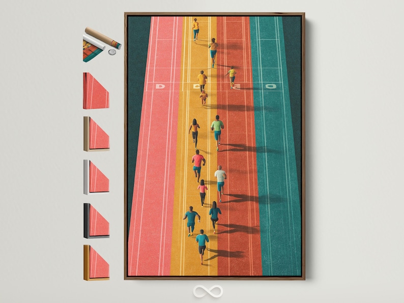 Aerial running track artwork with runners on teal, red and yellow lanes