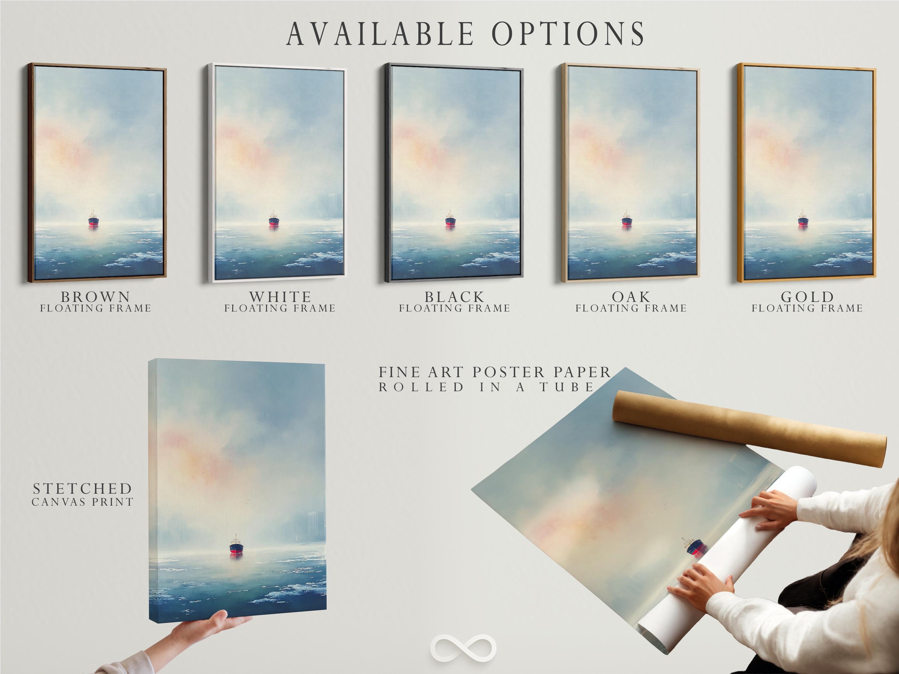Room mockup showing a framed seascape artwork with a small ship on the ocean