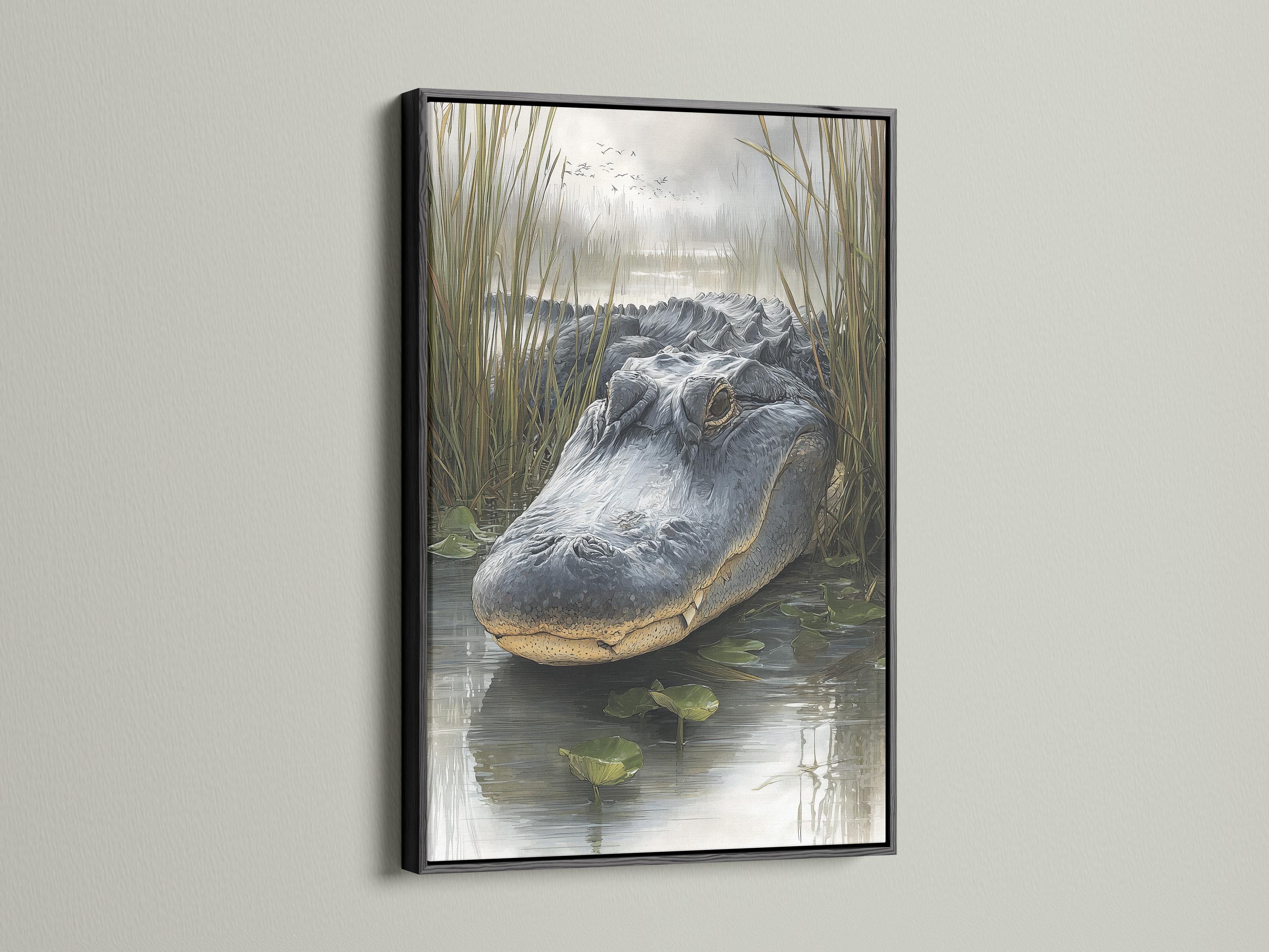 Grey alligator in a swamp scene with tall reeds, lily pads and water reflections detail view
