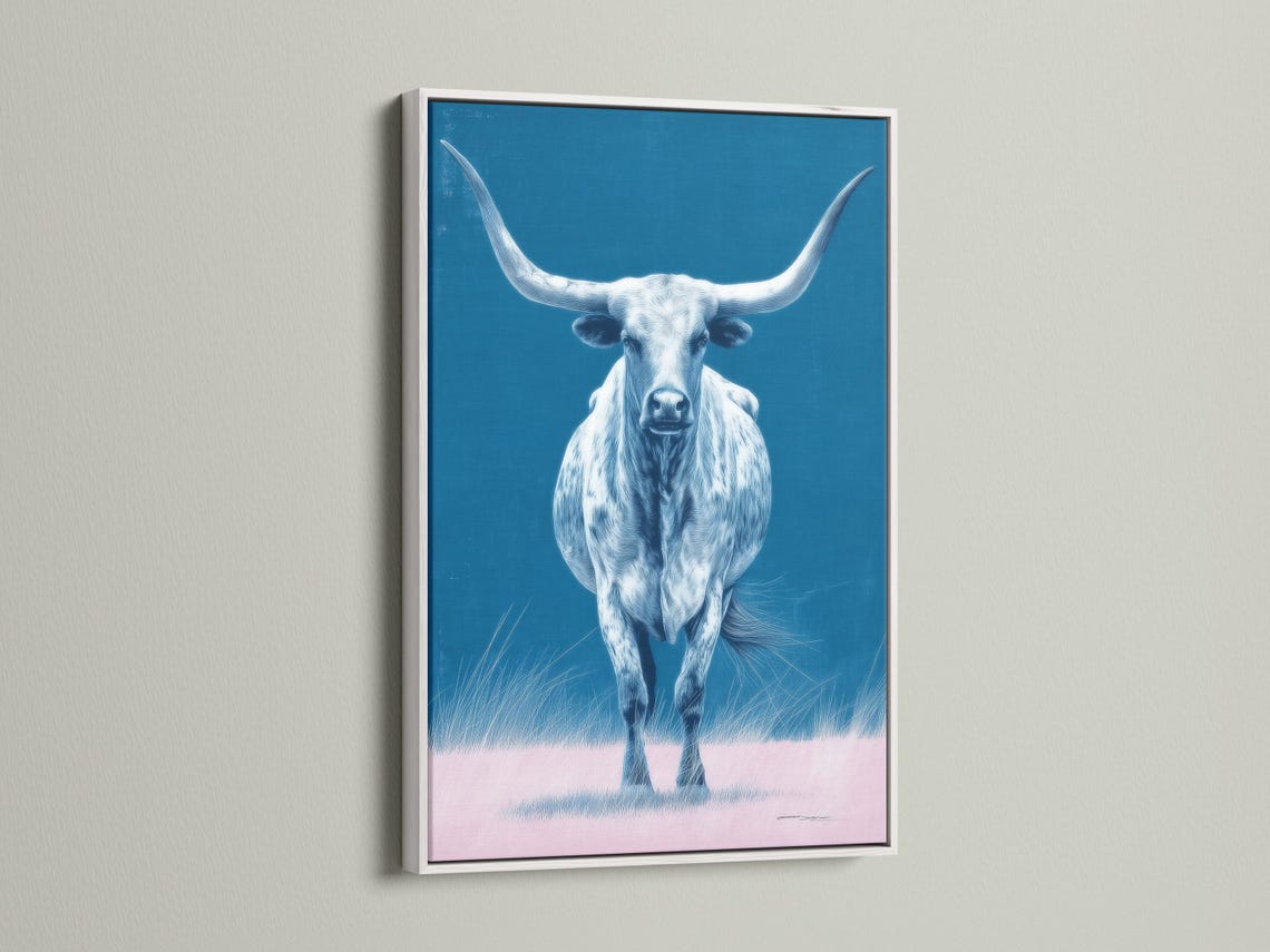 A blue-toned longhorn bull portrait with sweeping horns and a calm, painterly look, set against a bright sky-blue background and pale grass