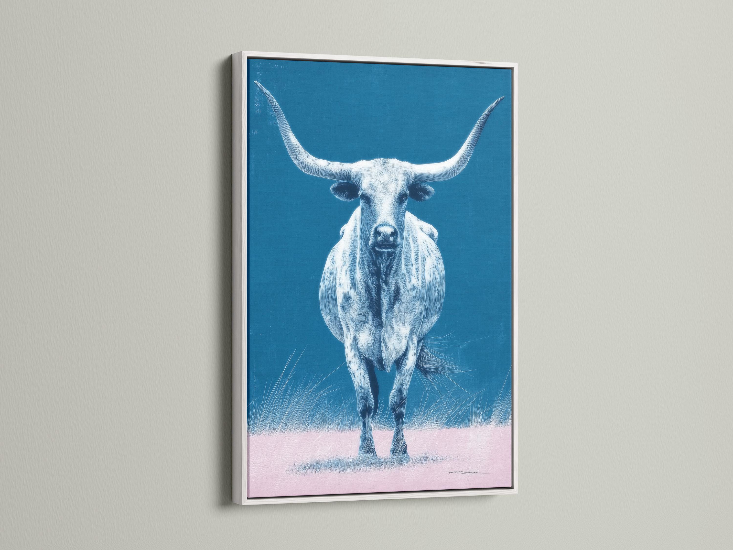 A blue-toned longhorn bull portrait with sweeping horns and a calm, painterly look, set against a bright sky-blue background and pale grass