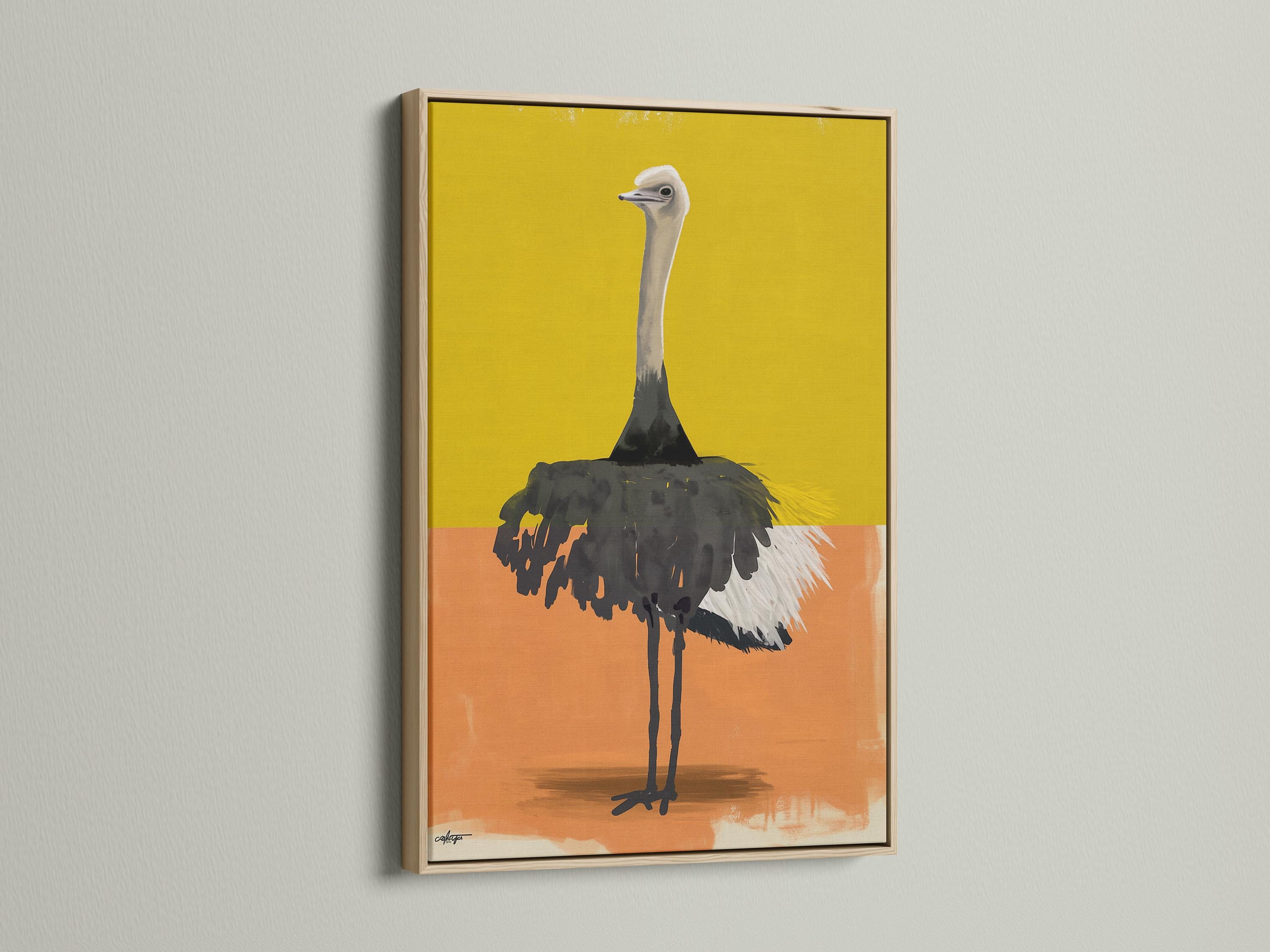 Stylised ostrich portrait in yellow and orange colour blocks with textured dark feathers detail view