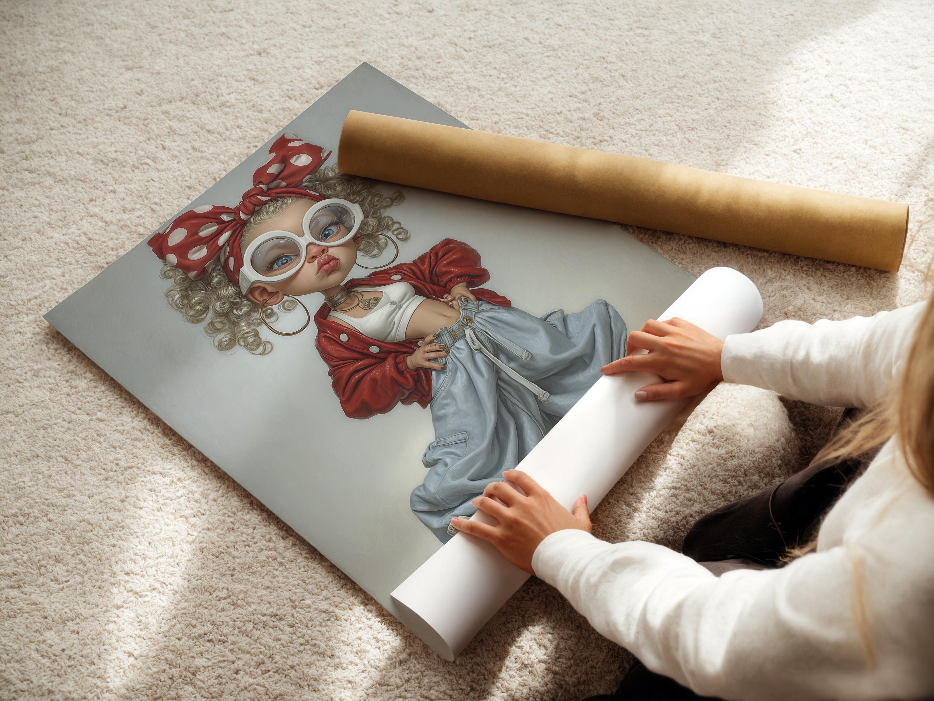 Pop art portrait of a curly-haired girl with white glasses, red bow and red jacket over denim trousers detail view