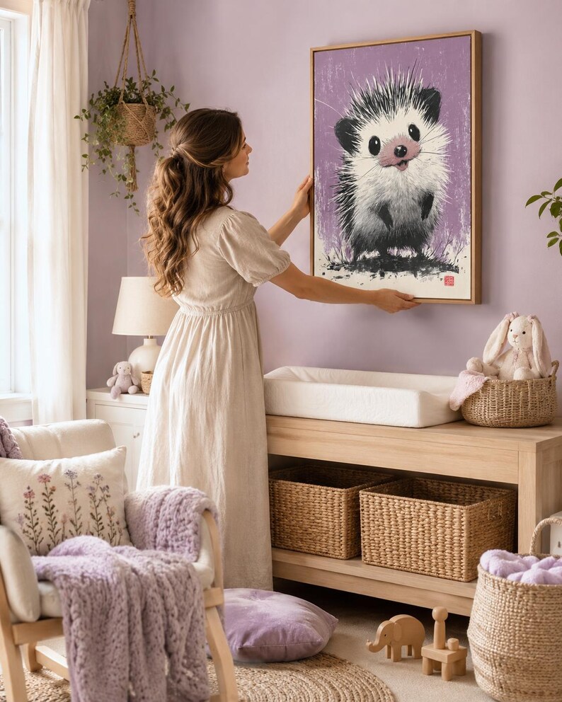 Hedgehog illustration in black and white on a textured lilac-purple background