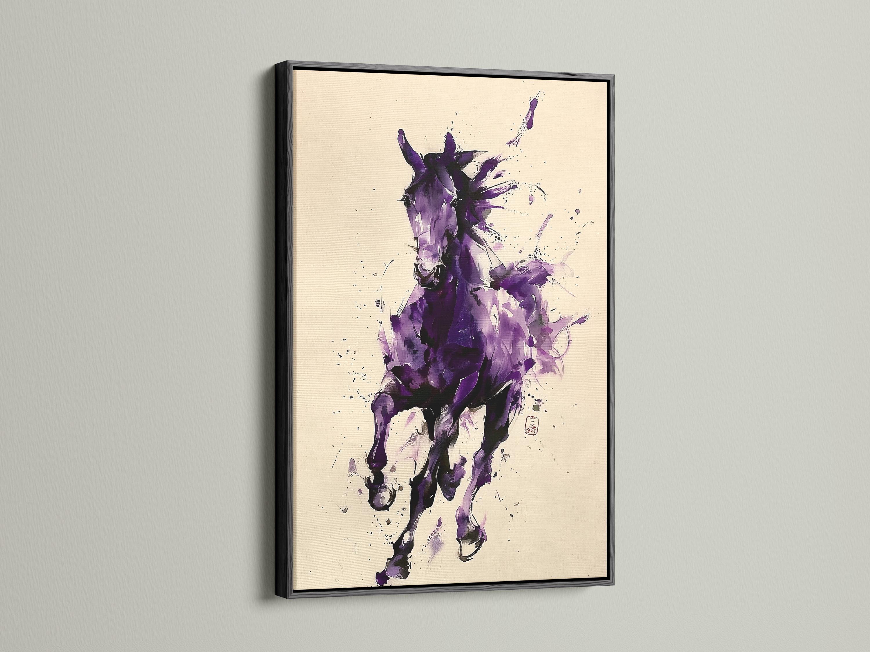 Abstract purple horse illustration with splatter marks on a cream background detail view