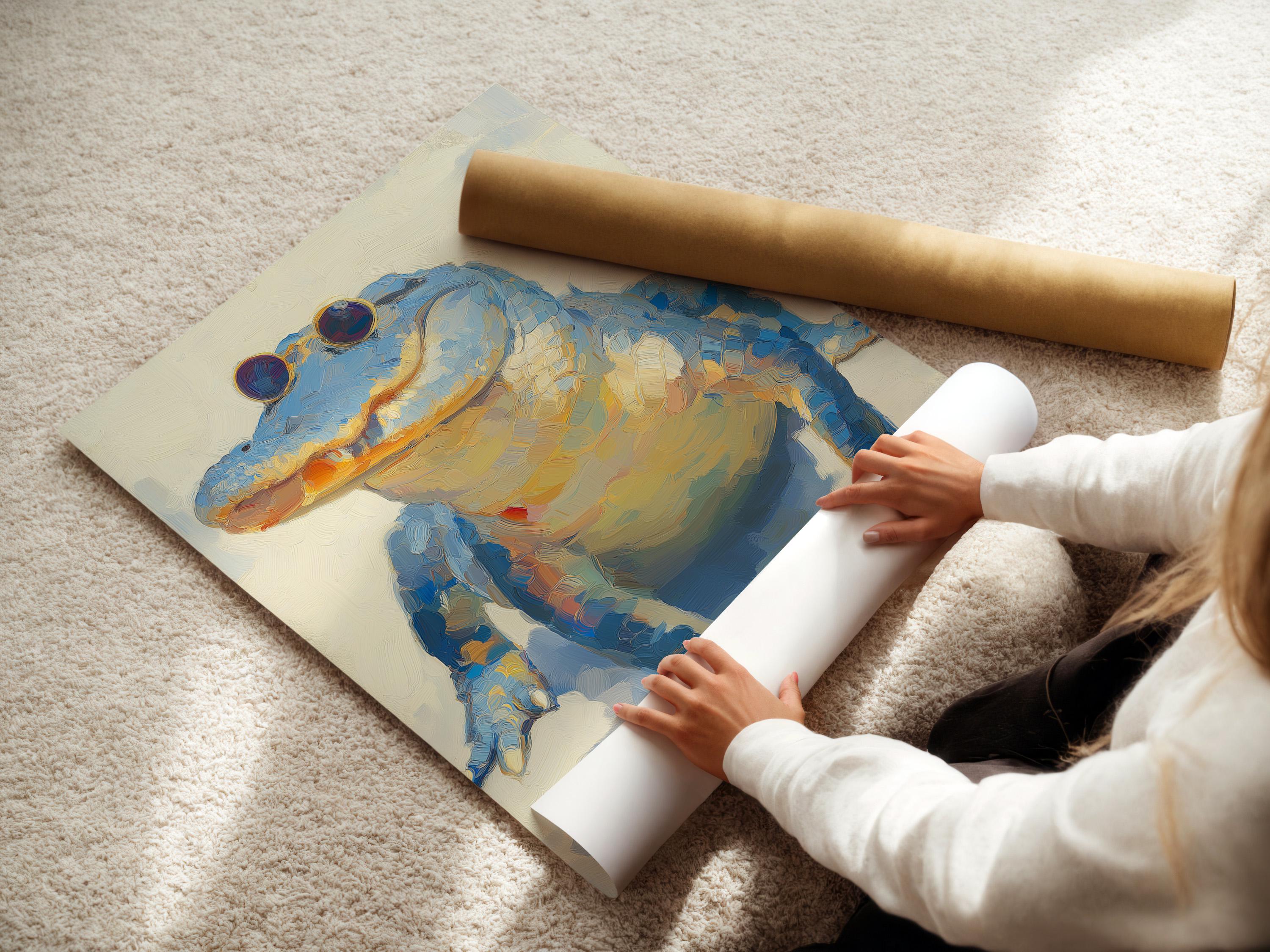 Blue alligator illustration wearing round sunglasses on a cream textured background detail view