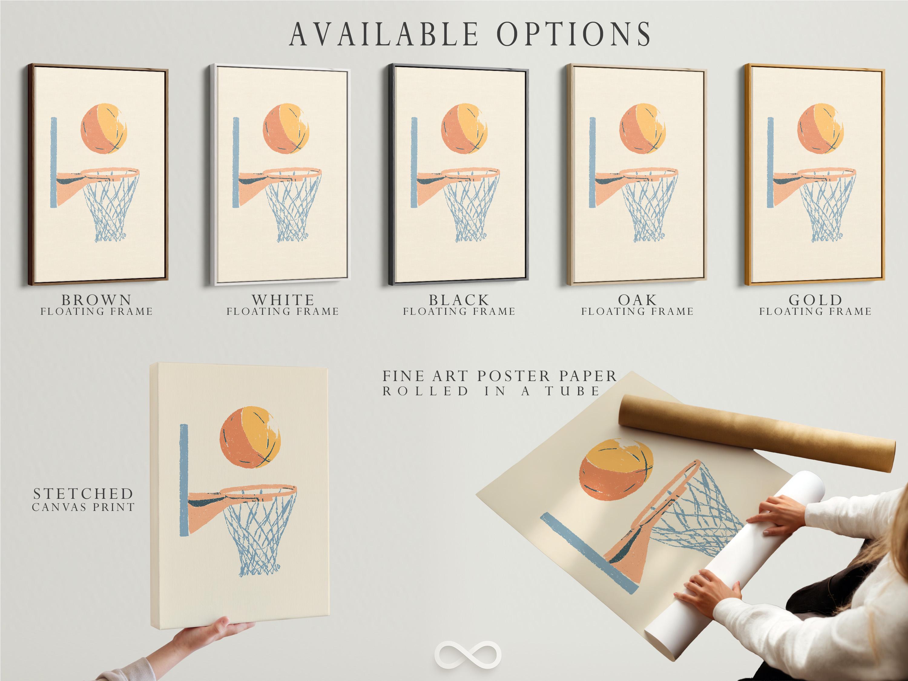 Room mockup showing a framed basketball hoop artwork on a wall
