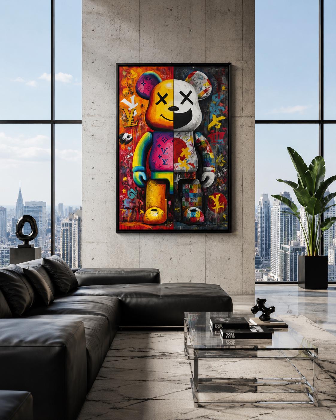 A bright pop-art style bear figure is shown amid graffiti-like colours and stickers, framed by bold black outlines and layered poster textures detail