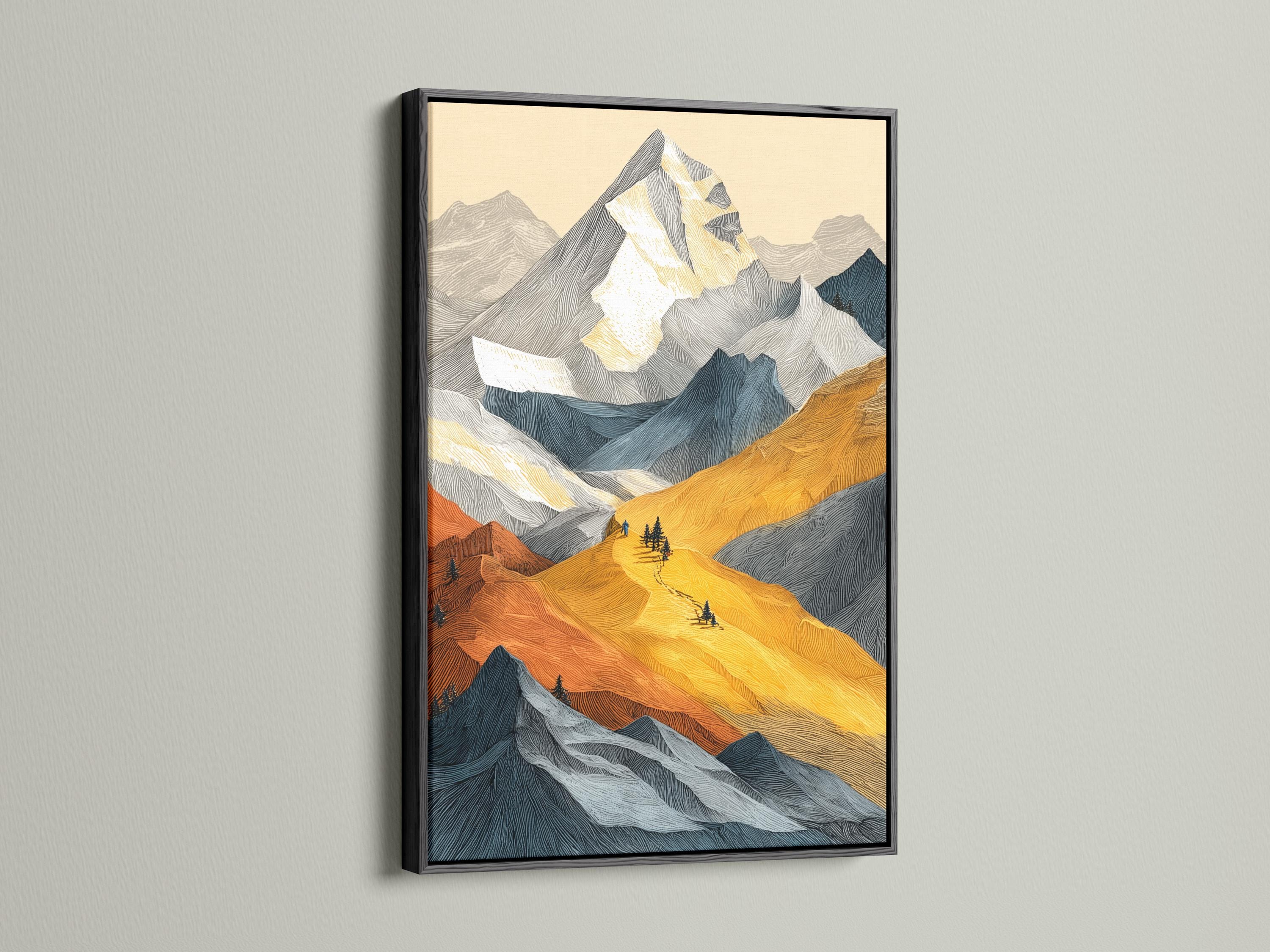 Textured mountain landscape with warm gold and burnt orange slopes and cool blue-grey peaks detail view