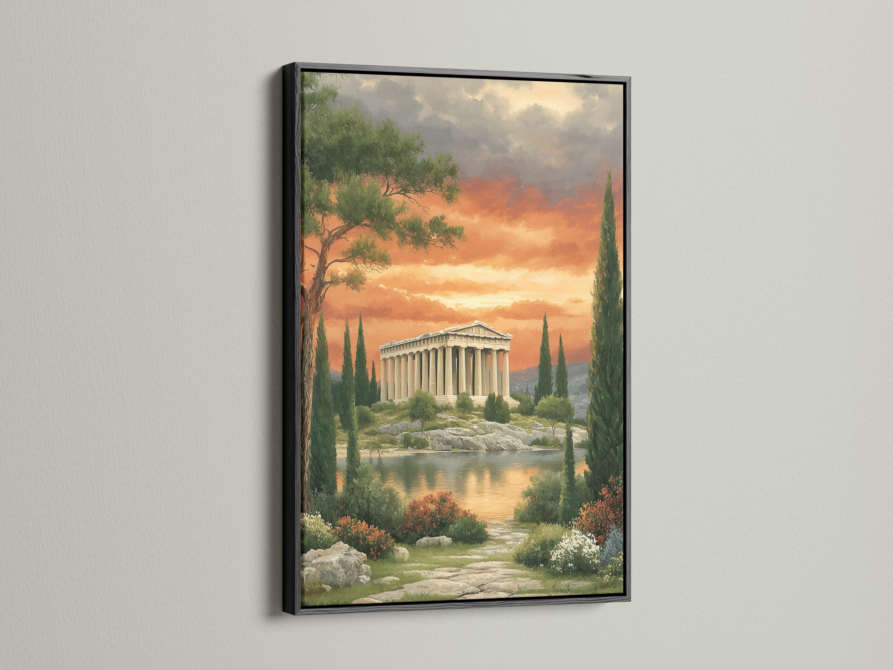 A classical temple by a calm lake under a warm orange sunset sky with trees and greenery in the foreground detail view