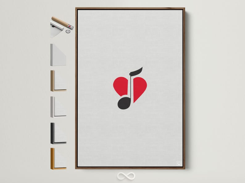 Minimalist red heart joined with a black music note on a pale background