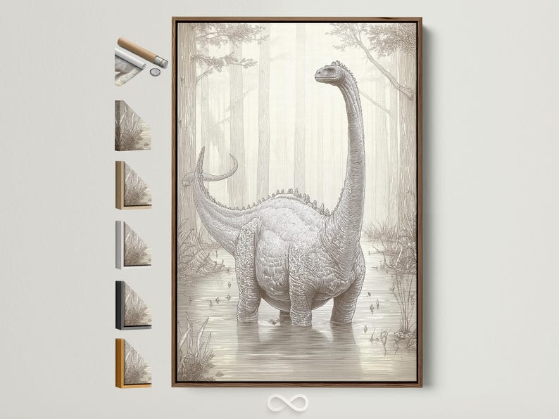Neutral brontosaurus dinosaur sketch with a forest background in beige and charcoal grey linework