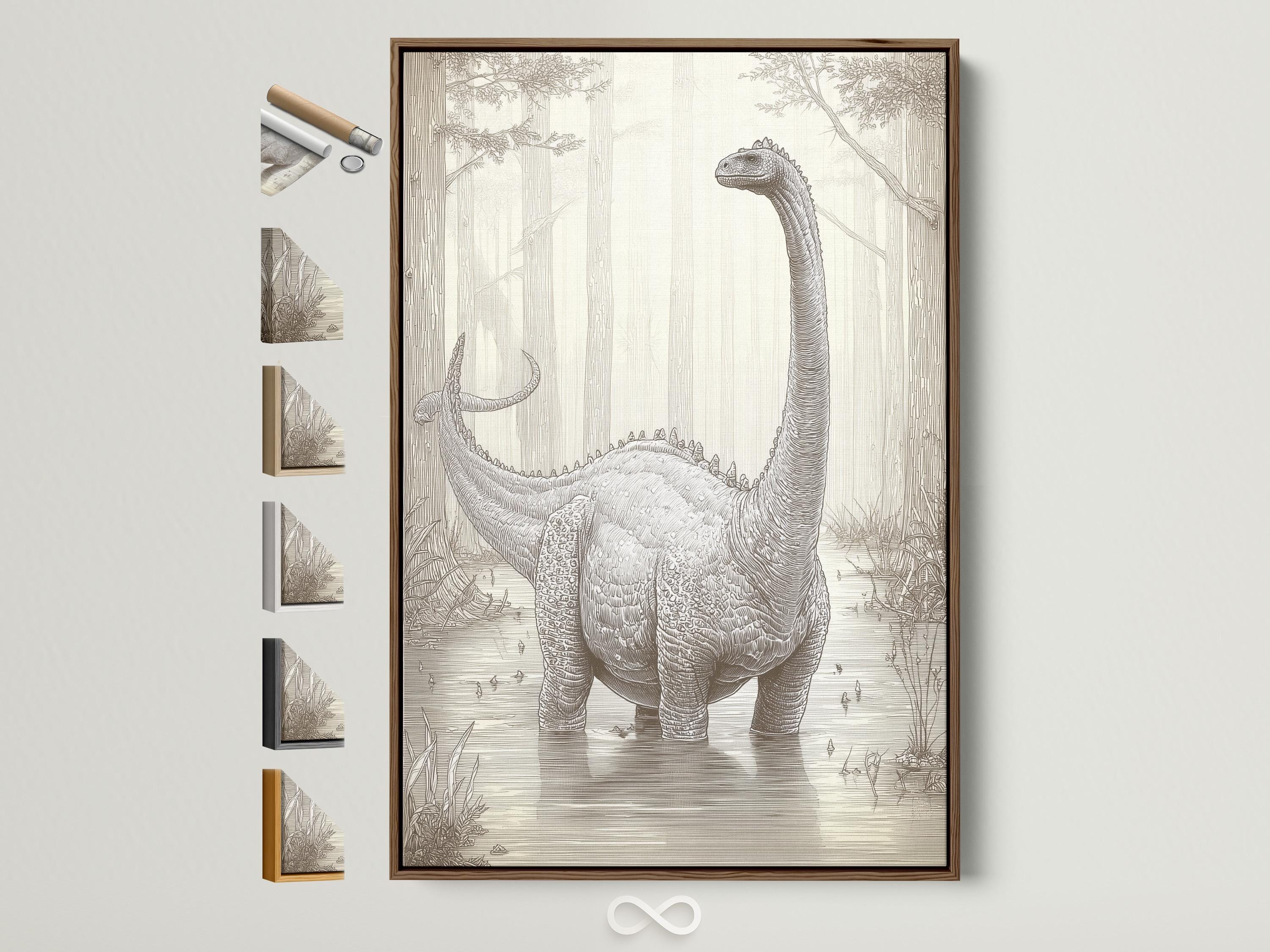 Neutral brontosaurus dinosaur sketch with a forest background in beige and charcoal grey linework