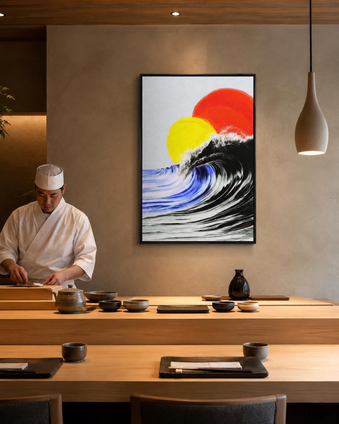Room mockup showing a framed abstract ocean artwork on a wall near an open window and lounge area