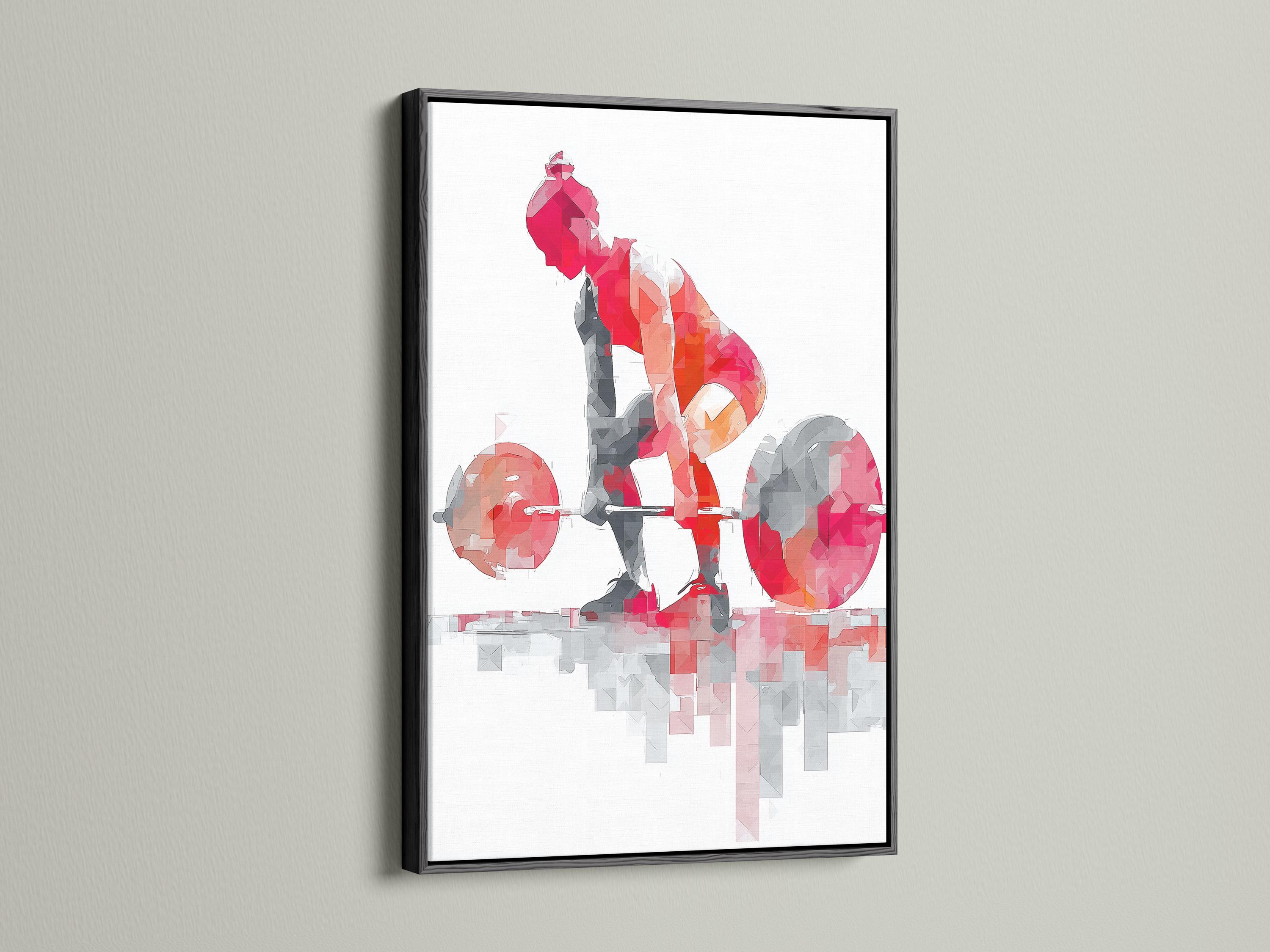 Fitness artwork mockup showing a red and grey weightlifter lifting a barbell inside a frame