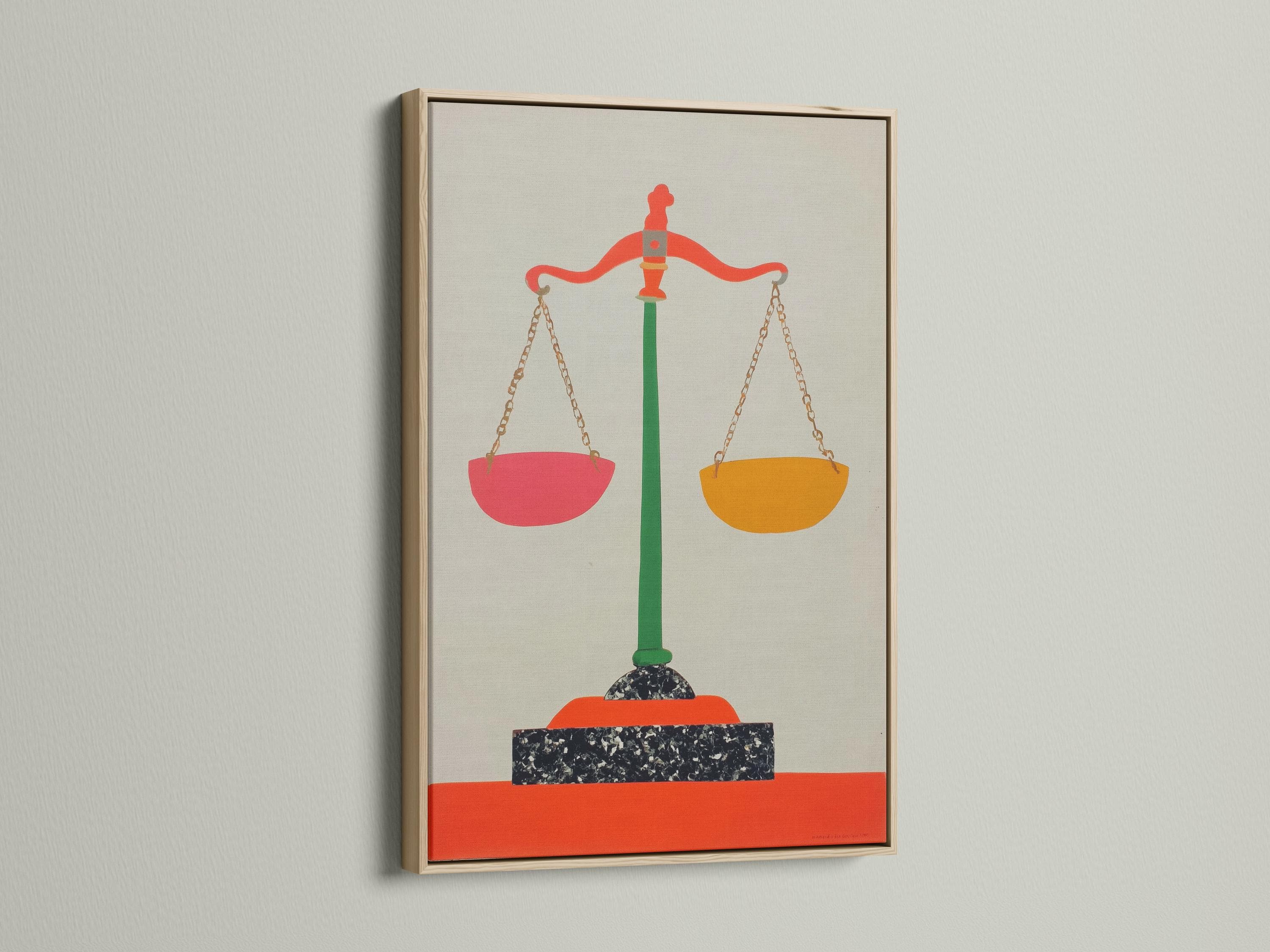 A stylised balance scale icon with a green stand and red and orange pans sits centrally on a pale background, framed by a thin border detail view