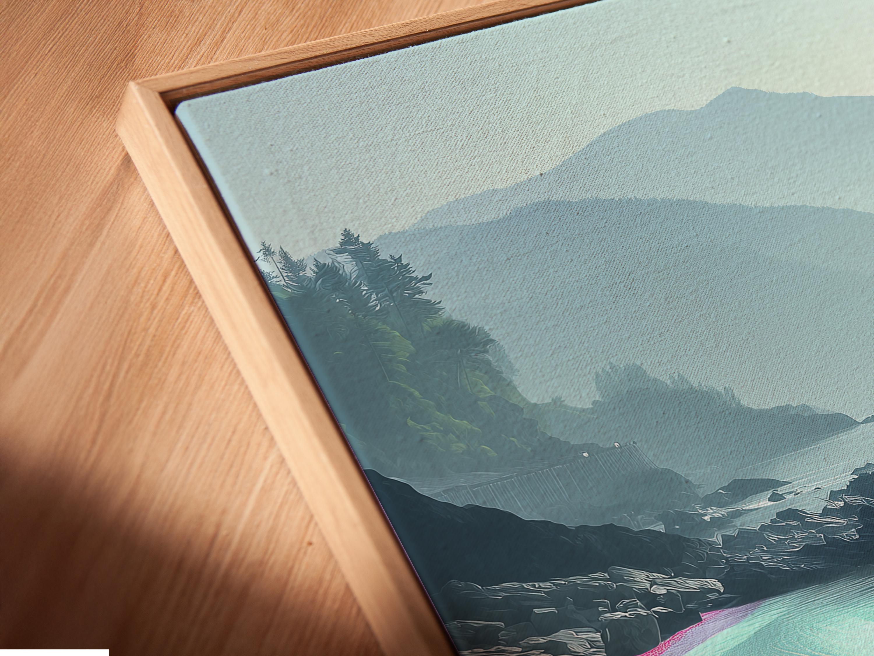 Colourful coastal seascape with turquoise ocean, winding dotted beach and misty hills detail view
