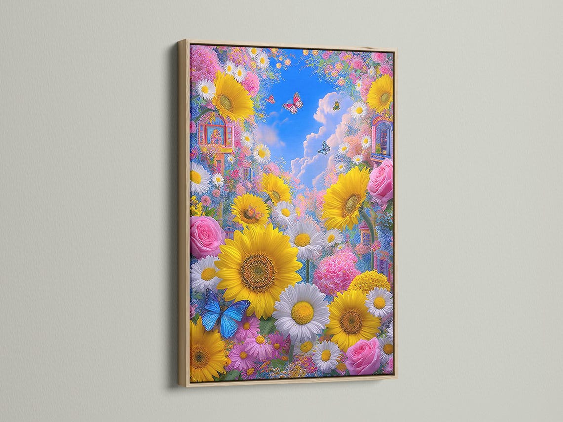 Floral garden scene with sunflowers, daisies, pink roses, blue butterflies and a blue clouded sky detail view