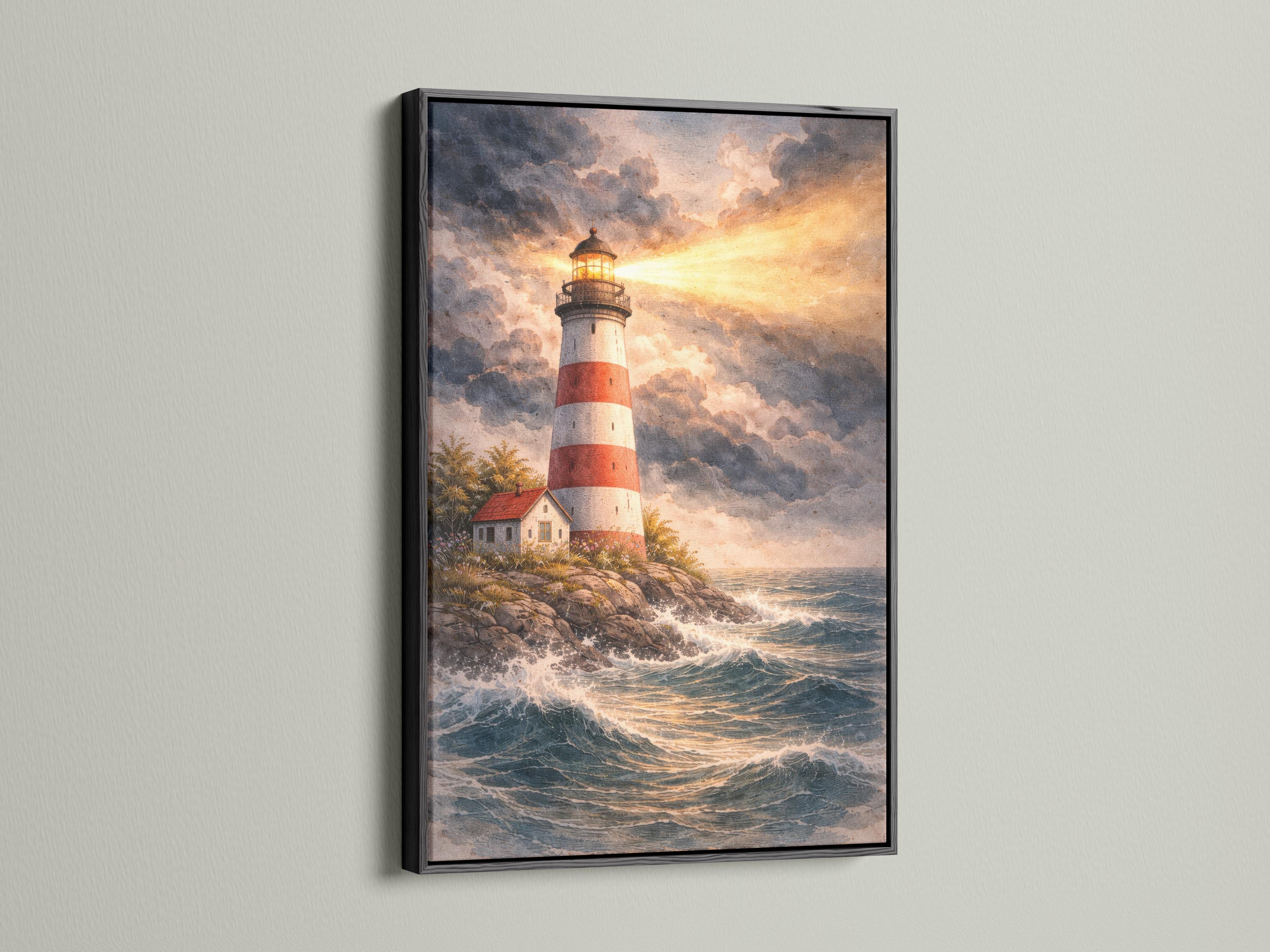 Lighthouse on a rocky coast in a stormy seascape with dark clouds and a warm golden beam detail view