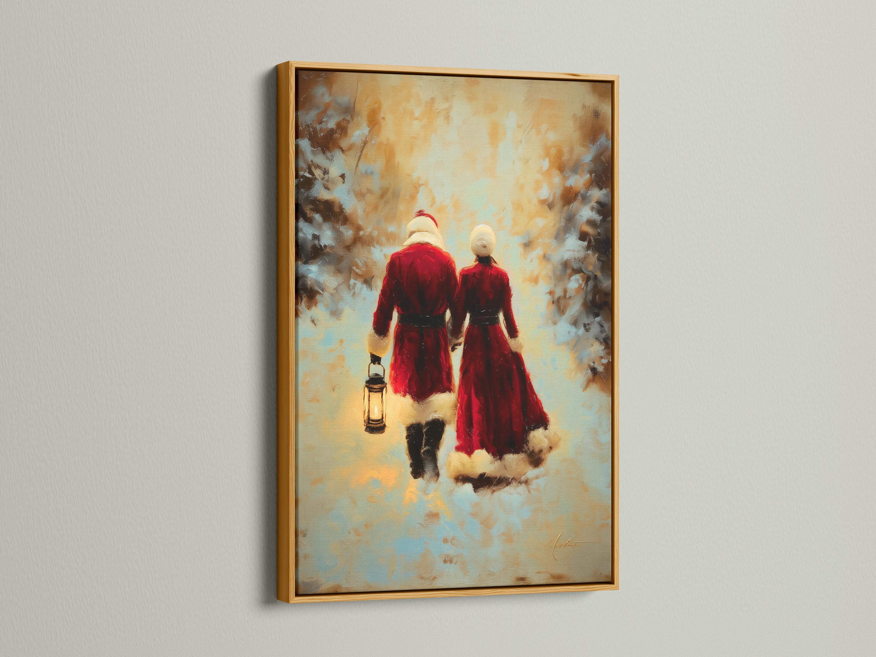 Painterly winter scene of a couple in red coats walking away with a glowing lantern detail view