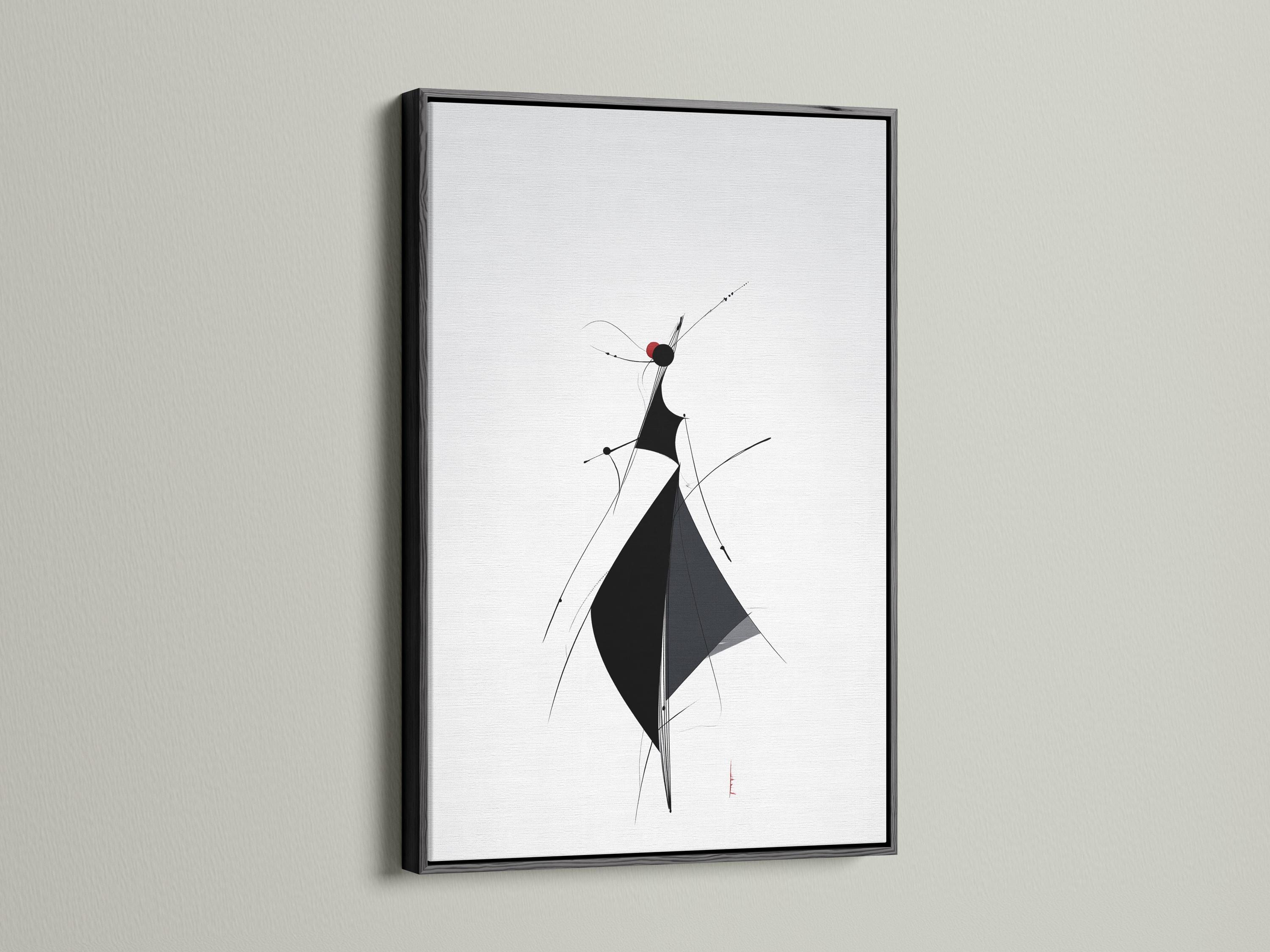 Minimalist line figure artwork with black shapes and deep red accents on a light background detail view