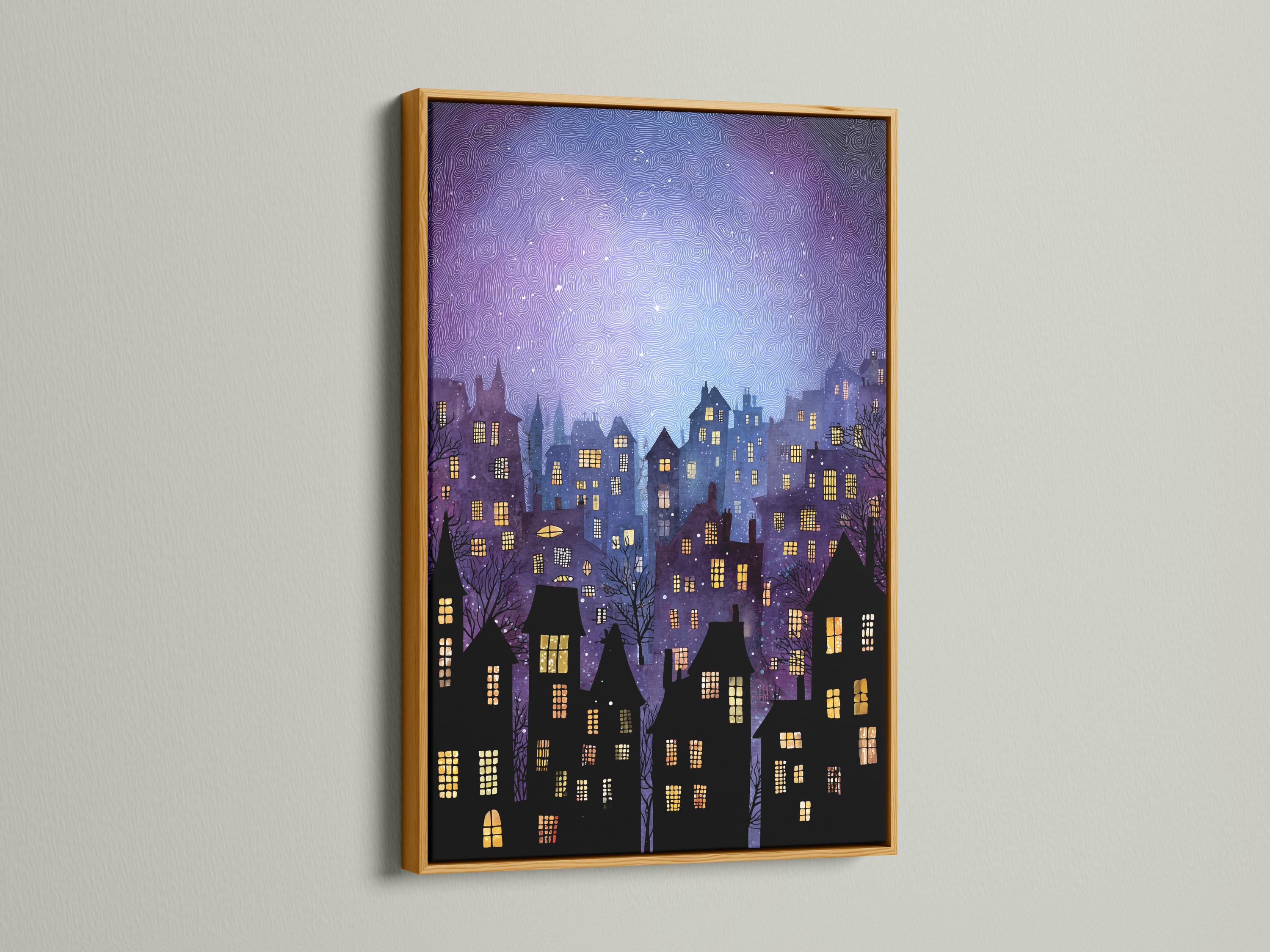 Night cityscape with purple sky, moon glow, black buildings and glowing yellow windows detail view