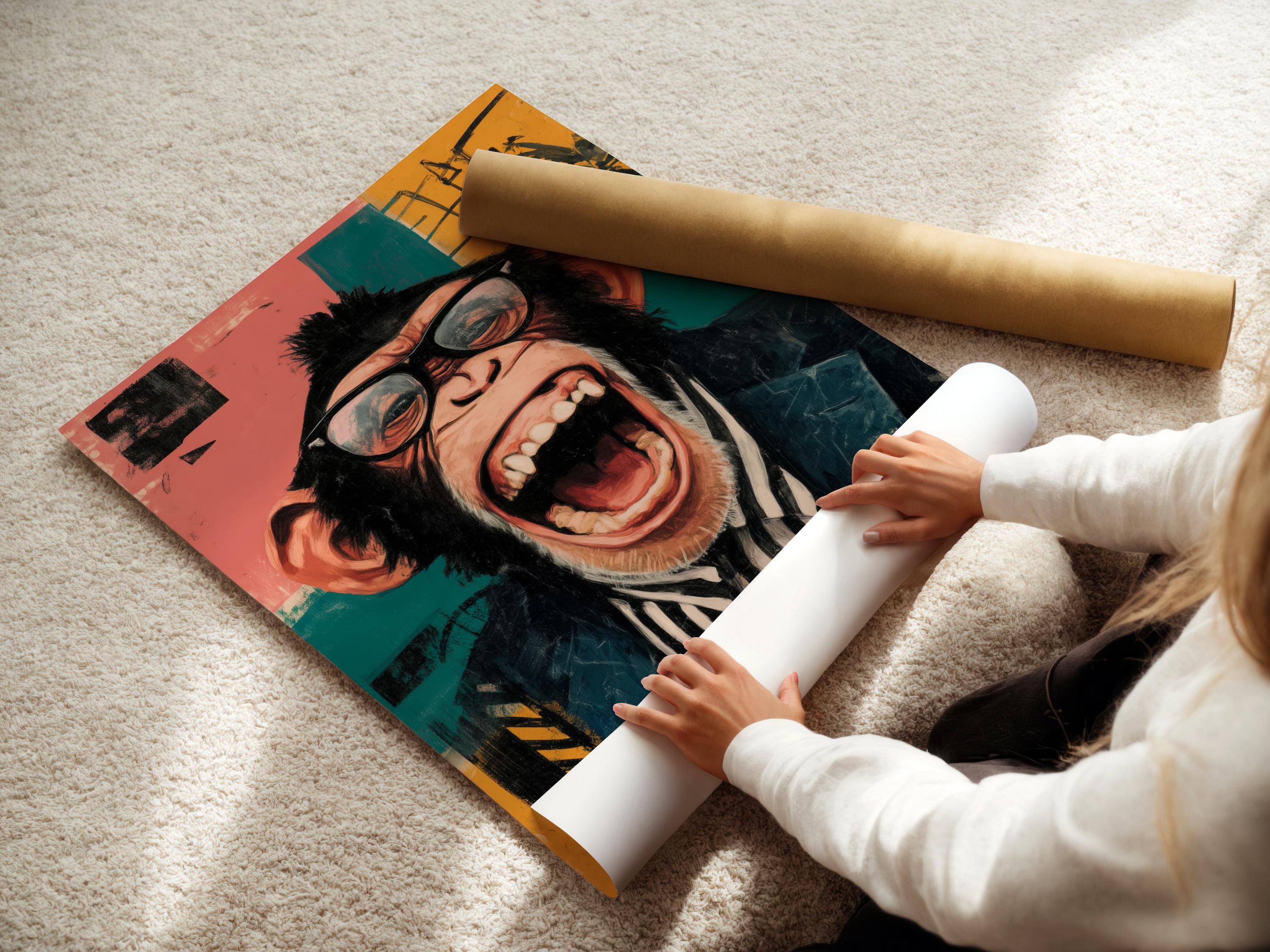 Retro chimp portrait with round glasses, shouting, set against teal and pink colour blocks detail view