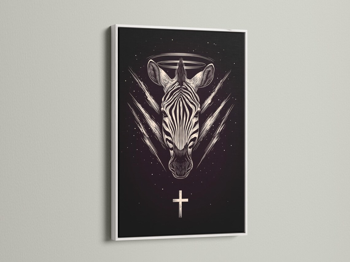 Stylised zebra head in off-white linework on a dark starry background with a halo ring and cross detail view