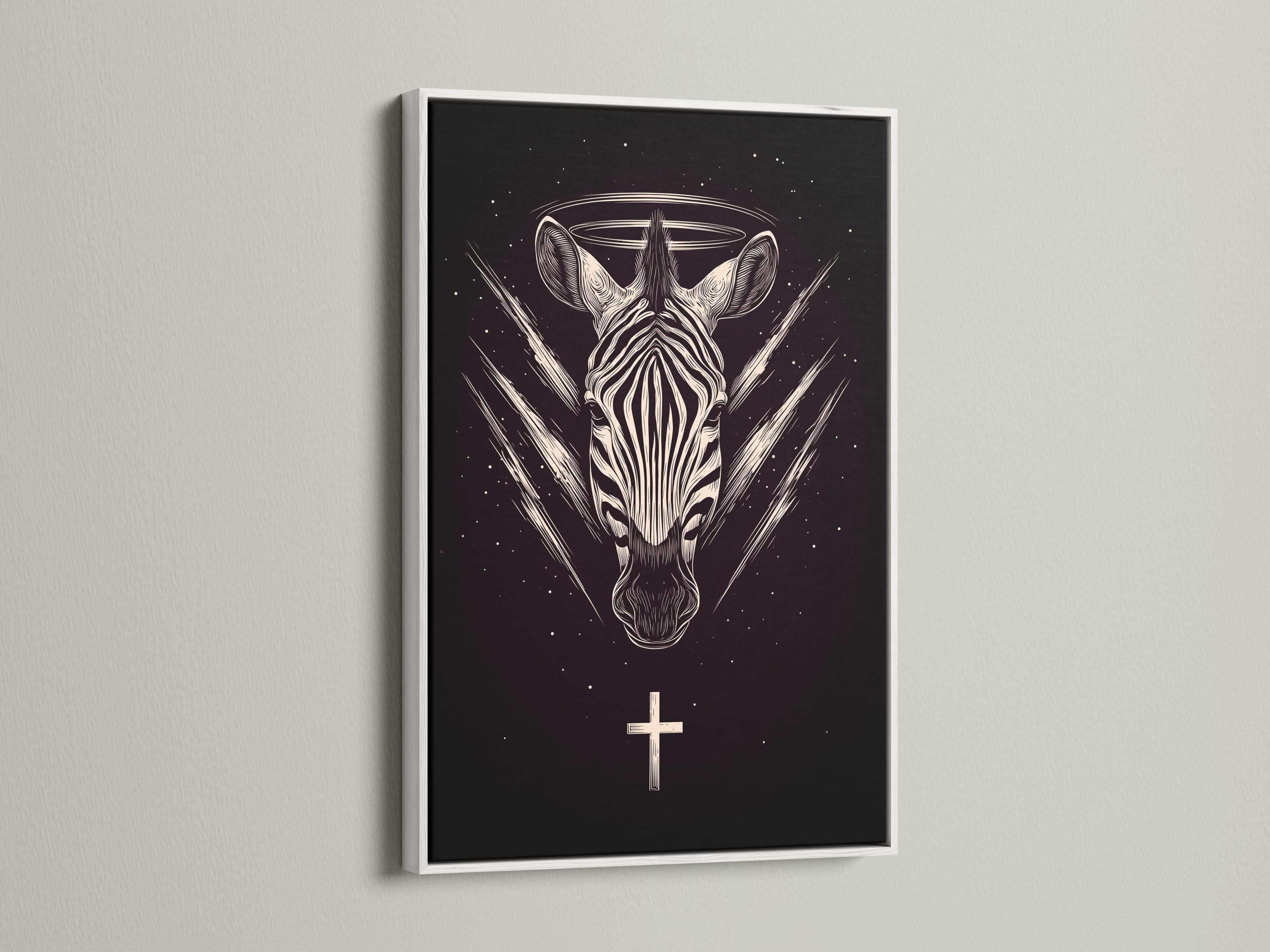 Stylised zebra head in off-white linework on a dark starry background with a halo ring and cross detail view