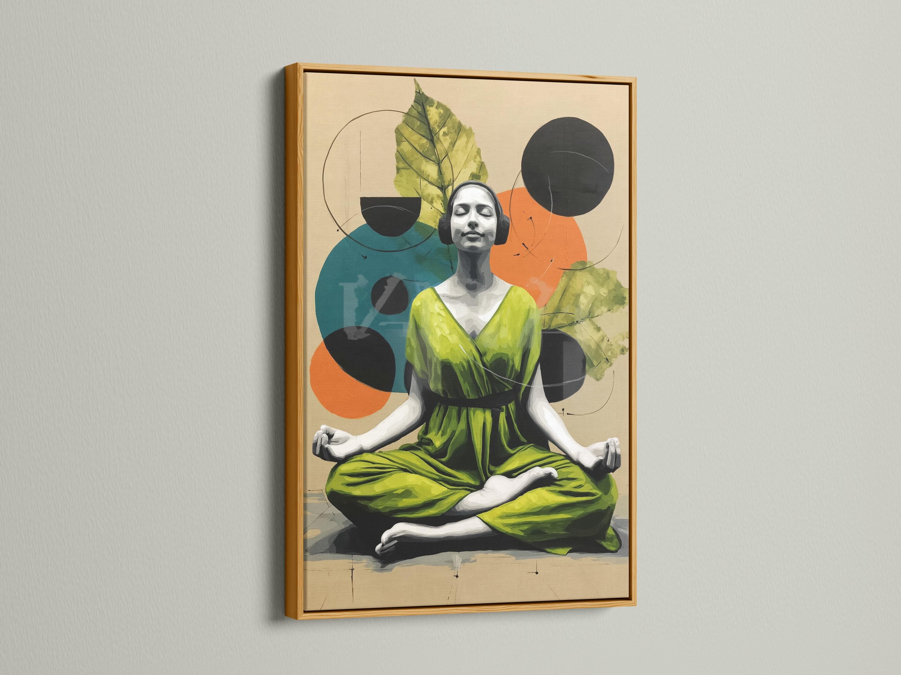 Seated woman in a yoga pose with botanical leaves and overlapping circles in lime green and orange detail view