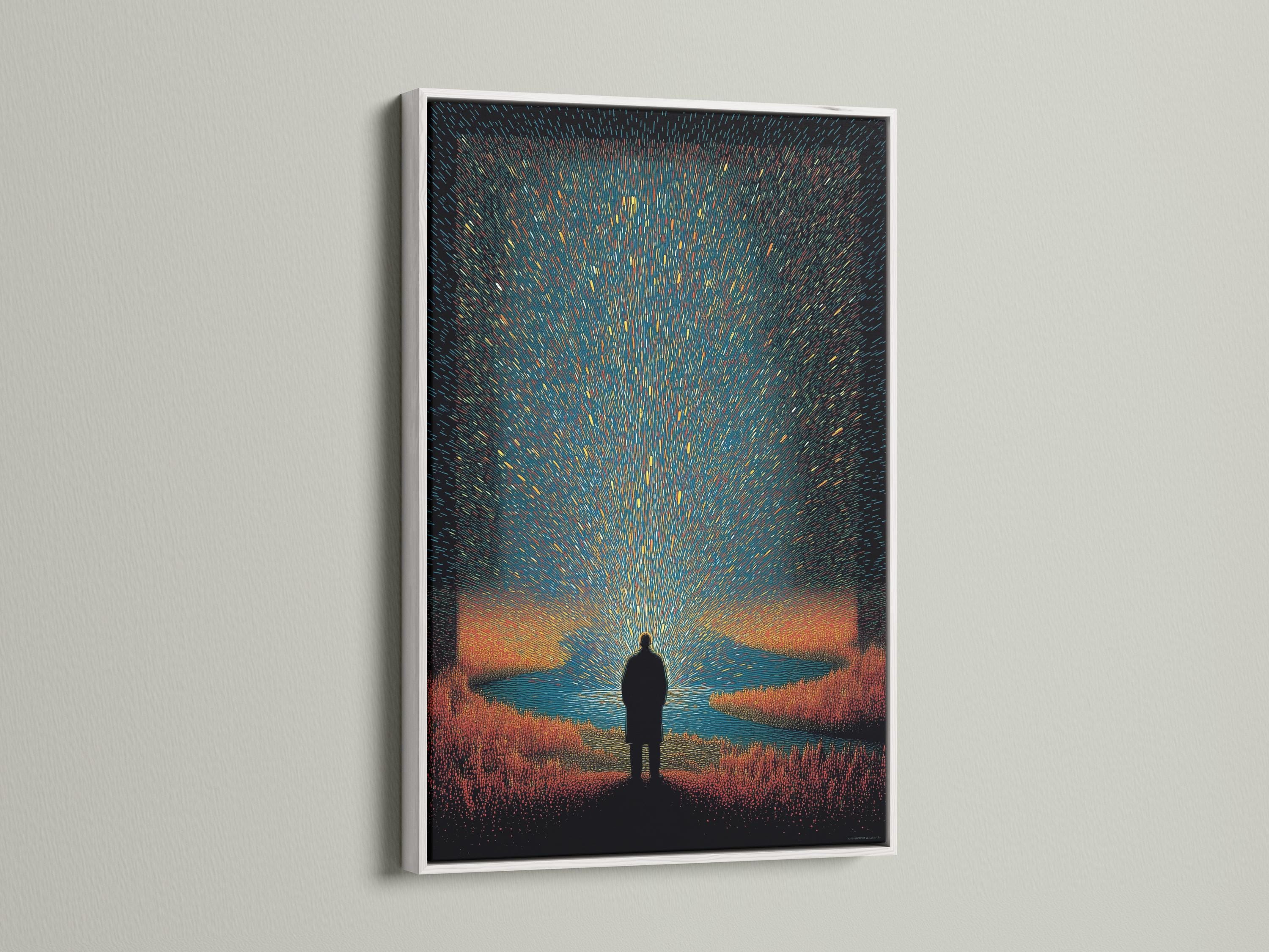 Moody teal and burnt-orange night scene with a silhouetted figure beneath a starburst glow detail view