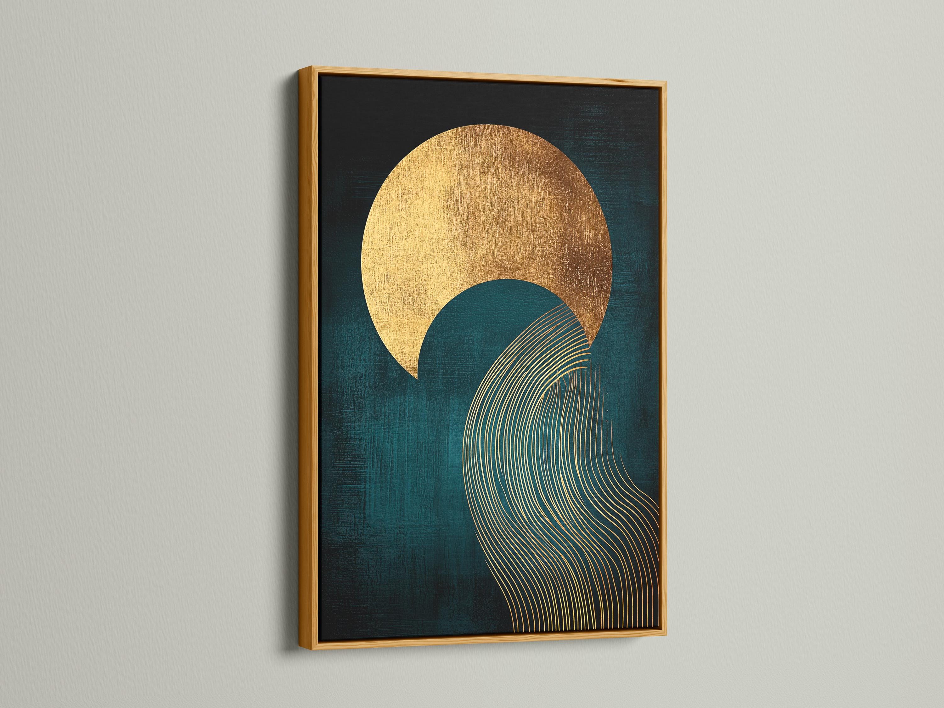 Abstract teal and gold artwork with a large sun-like circle and curved wave line pattern detail view