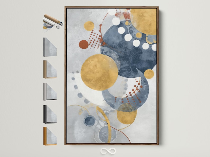Abstract artwork of overlapping circles in navy blue, mustard gold and white on a light background