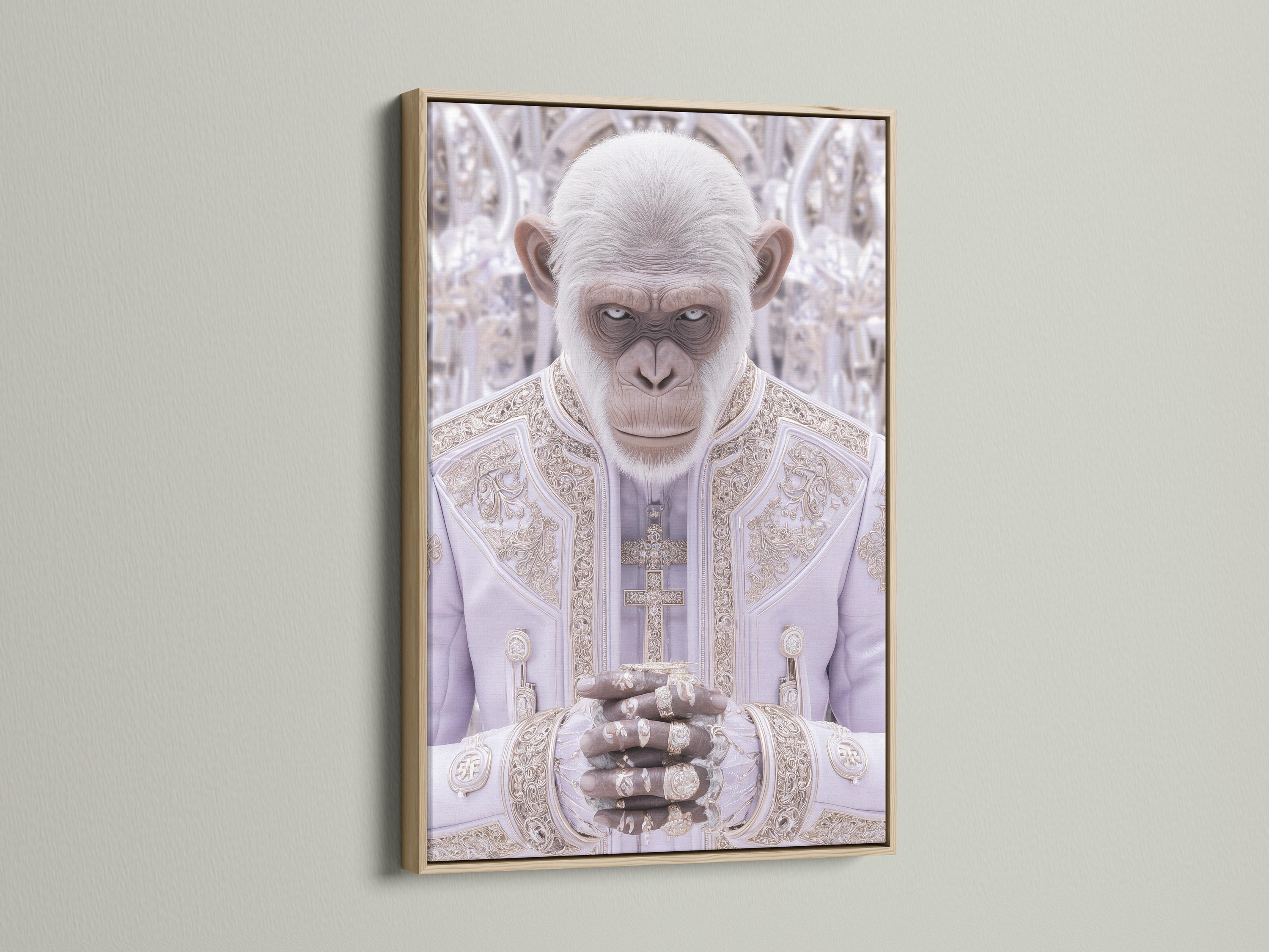 Surreal white monkey-like figure in ornate pale robes with cross motif in a soft lilac background detail view