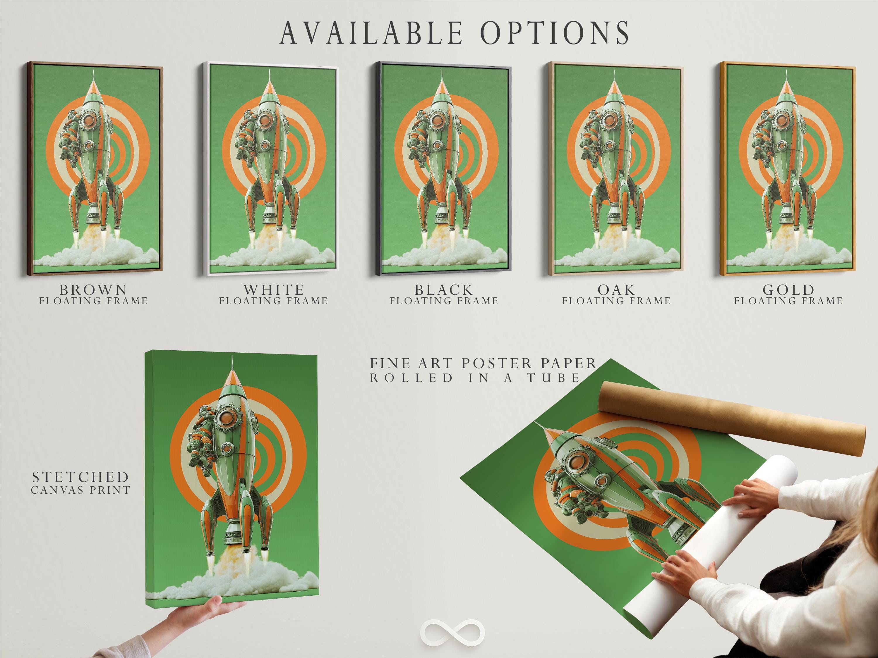 Retro space rocket with astronaut, mint green background and orange concentric rays detail view