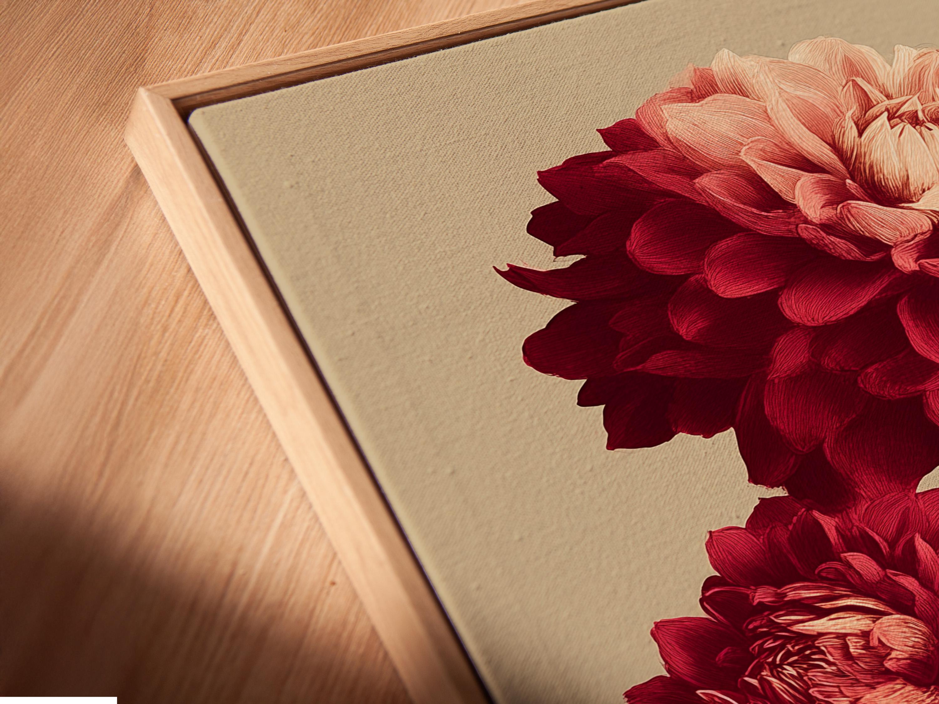 Room mockup featuring framed artwork with burgundy and pale pink dahlias and dark green leaves on a cream background